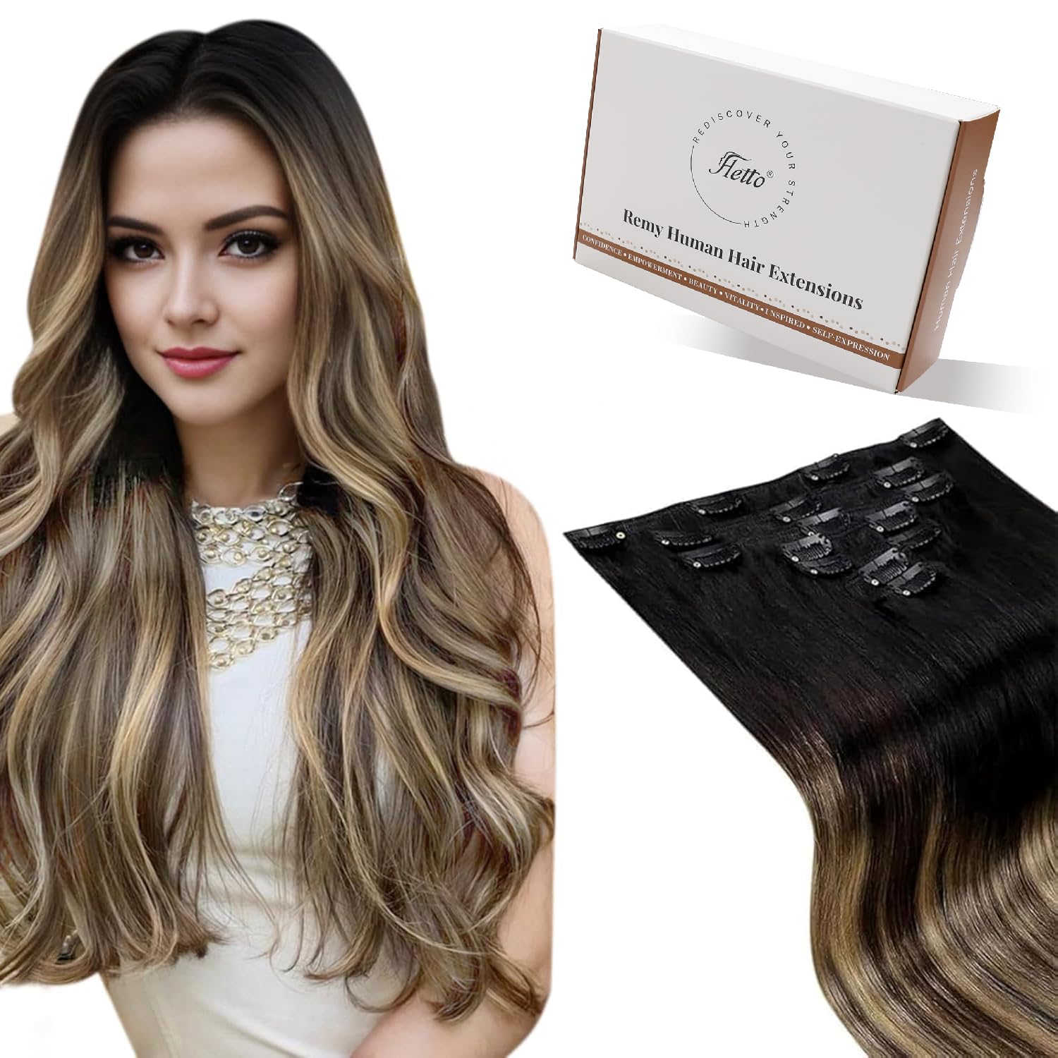 Hetto Clip in Extensions Echthaar Balayage Schwarz zu Hellbraun & Goldblond 45cm 120g 7pcs - Invisible Mittellanges Haar, Volle Abdeckung für Sofortiges Volumen 1b/4/27