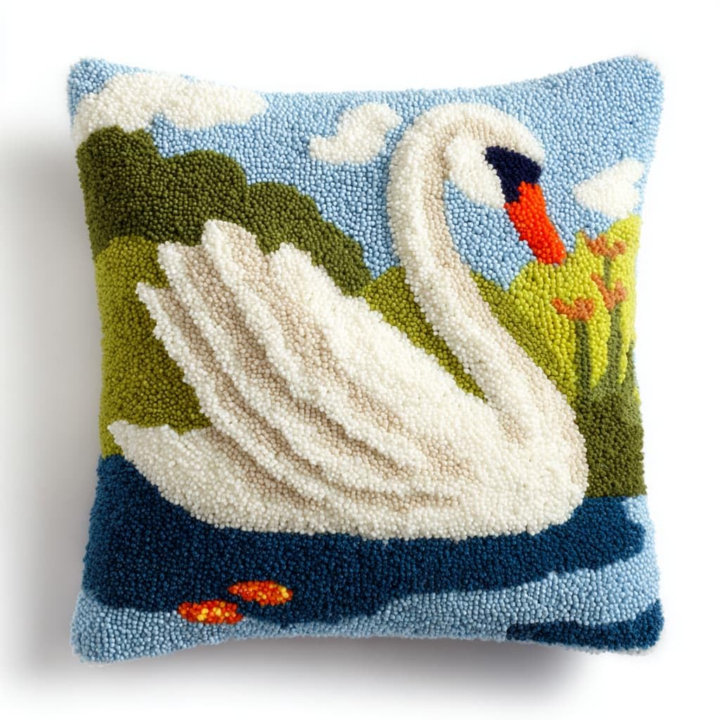 Taxpy DIY Latch Hook Rug Kits, White Swan Latch Hook Cushion Kits Pillowcase Rug Pattern Arts and Crafts Crochet Needlework 43x43cm