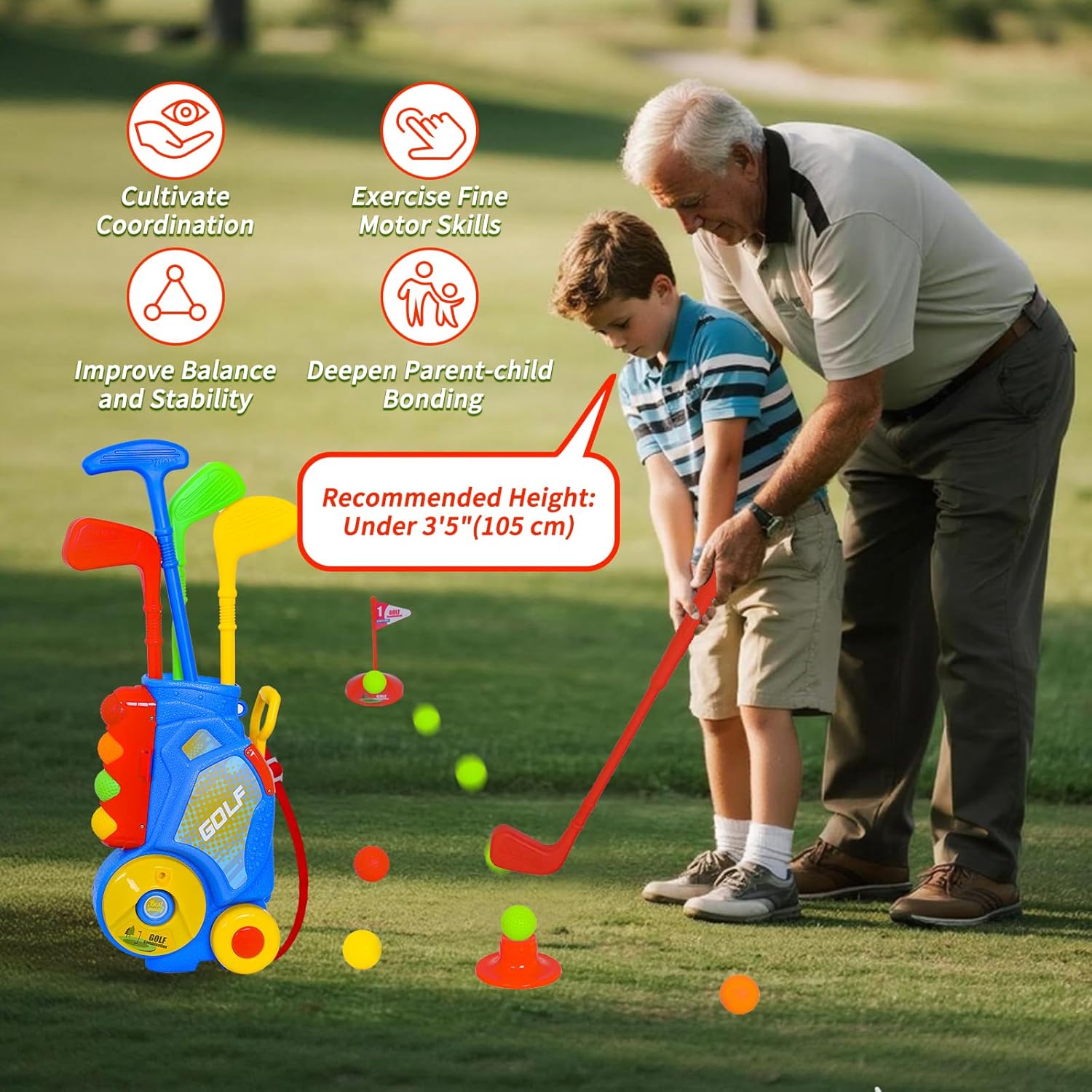 Nattork Toddler Golf Set with Putting Mat for Boys Girls Aged 1 2 3 Years Old, Upgraded Kids Golf Cart with 4 Clubs & 12 Balls, Outdoor Indoor Sports Toy Birthday Gift, Blue