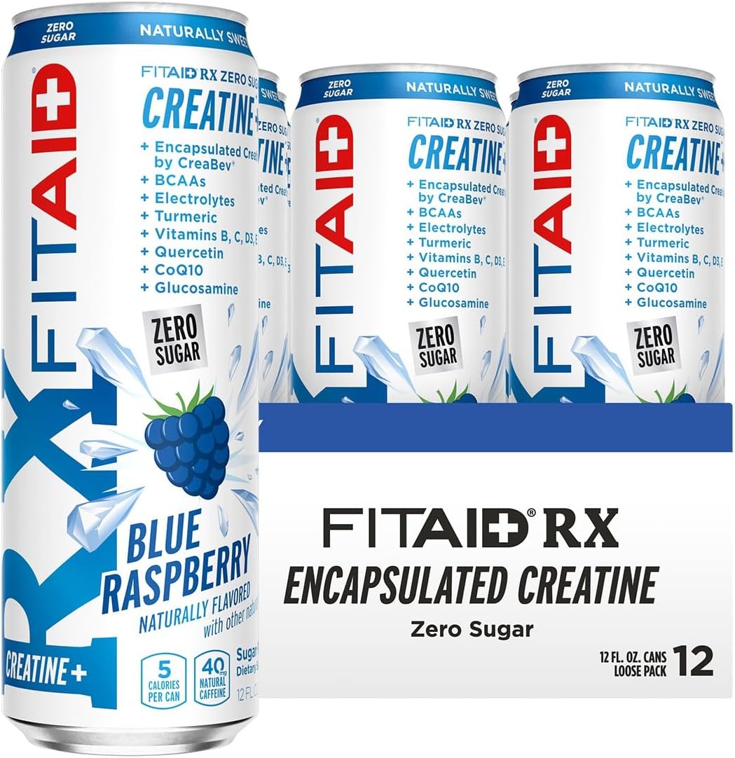Fitaid Rx + Creatine Drink, Blue Raspberry, Zero Sugar, Vegan, Kosher, Keto Friendly, Gluten Free, 12 Fluid Ounce (Pack of 12) - Packaging May Vary