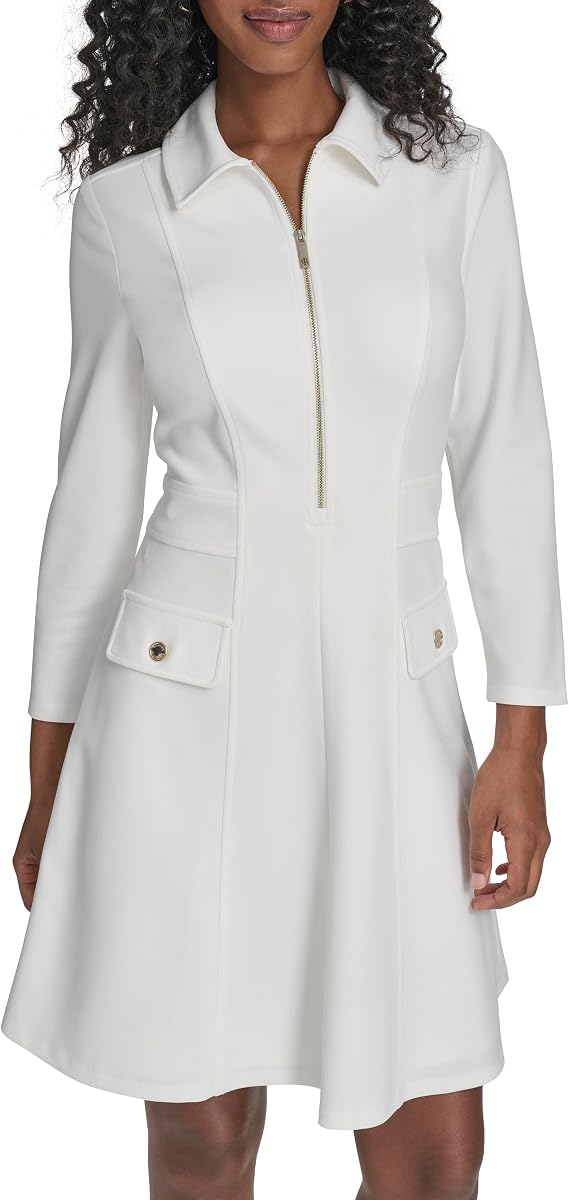 Tommy Hilfiger Women's 3/4 Sleeve Collared Zip Front Mini Shirt Dress
