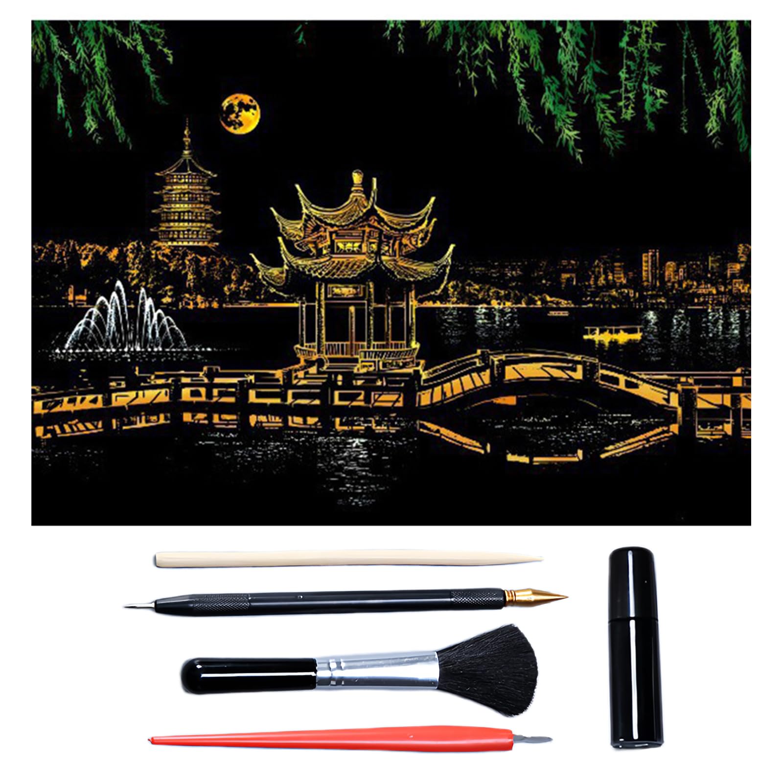 Scratch Art for Adults & Teens 16 x 11.2 Inches, Paint by Scratch Kit Adult Rainbow, Colorful Sketch DIY Night View Scratchboard (West Lake, Hangzhou)