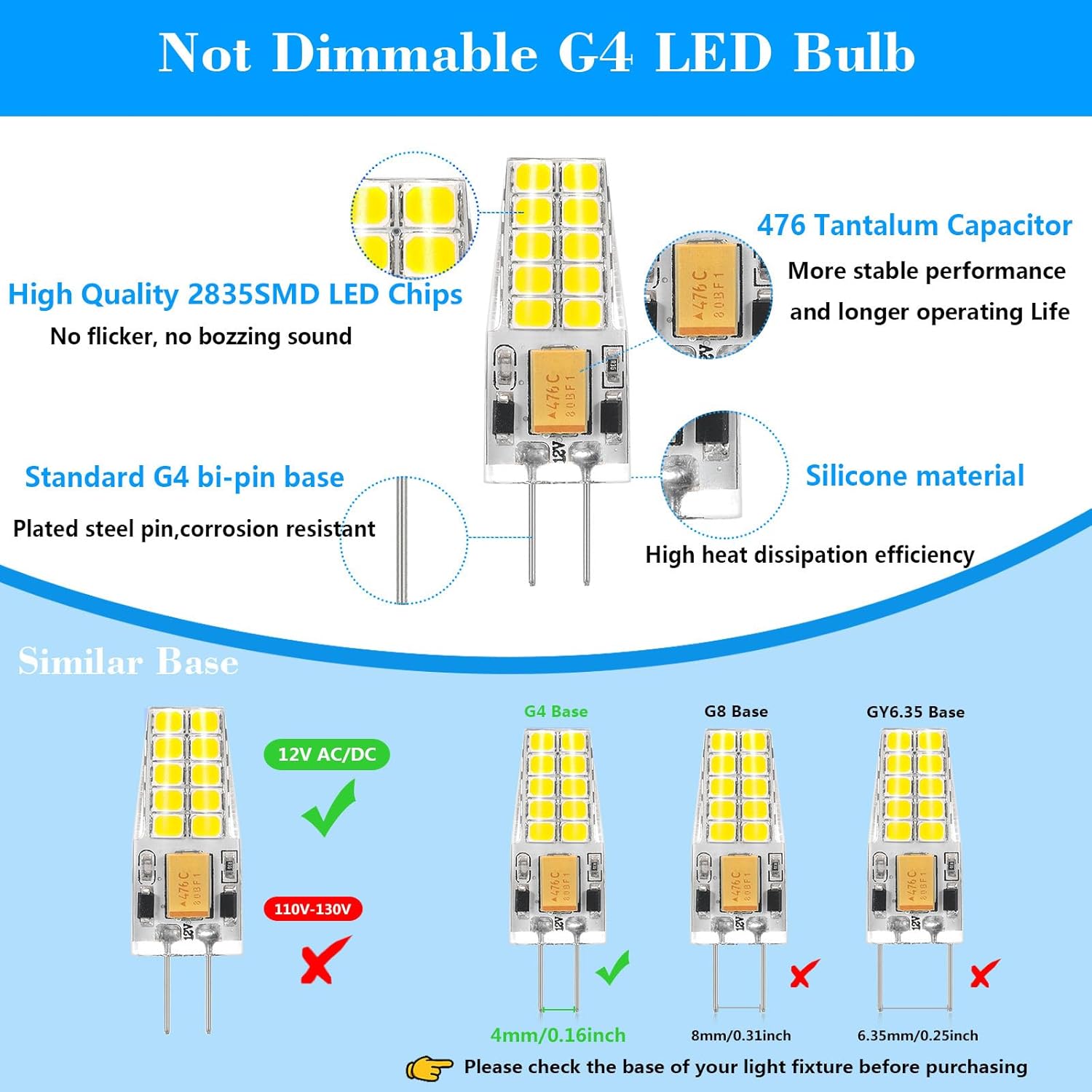 10 Pack G4 LED Bulb 12V AC/DC 2.5W Equivalent 30W T3 Bi-Pin Base 5000K Daylight White G4 Light Bulbs 300 Lumens 360°Beam Angle for Chandelier, Table lamp, Outdoor Landscape Lighting