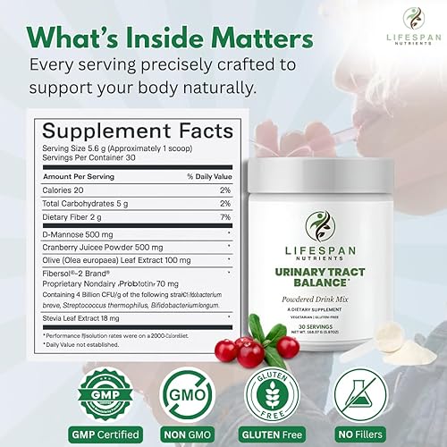 Miniatura 8 de Equilibrio del tracto urinario  D-manosa, arándano, probióticos y prebióticos  Vejiga y bienestar digestivo, polvo sin gluten, 30 porciones.