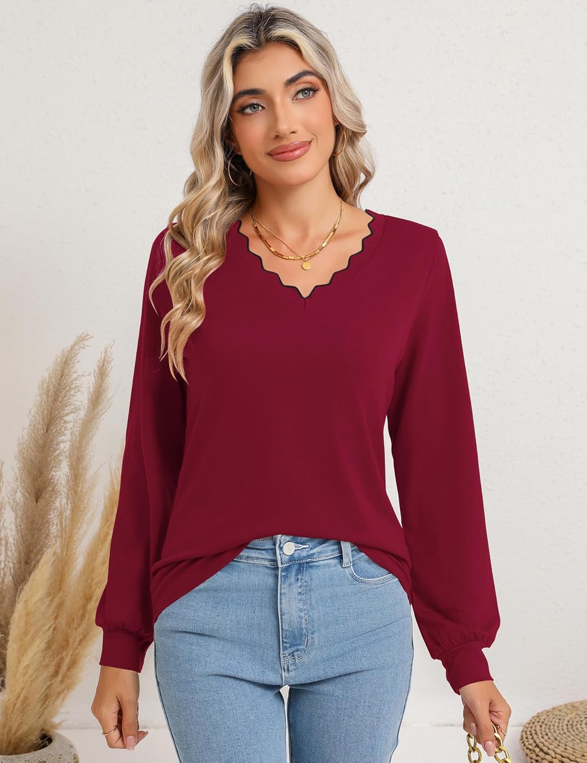 Rapbin Womens Shirts Dressy Casual Long Sleeve 2024 Tops Trendy V Neck Blouses 2024 Burgundy S - Image 4