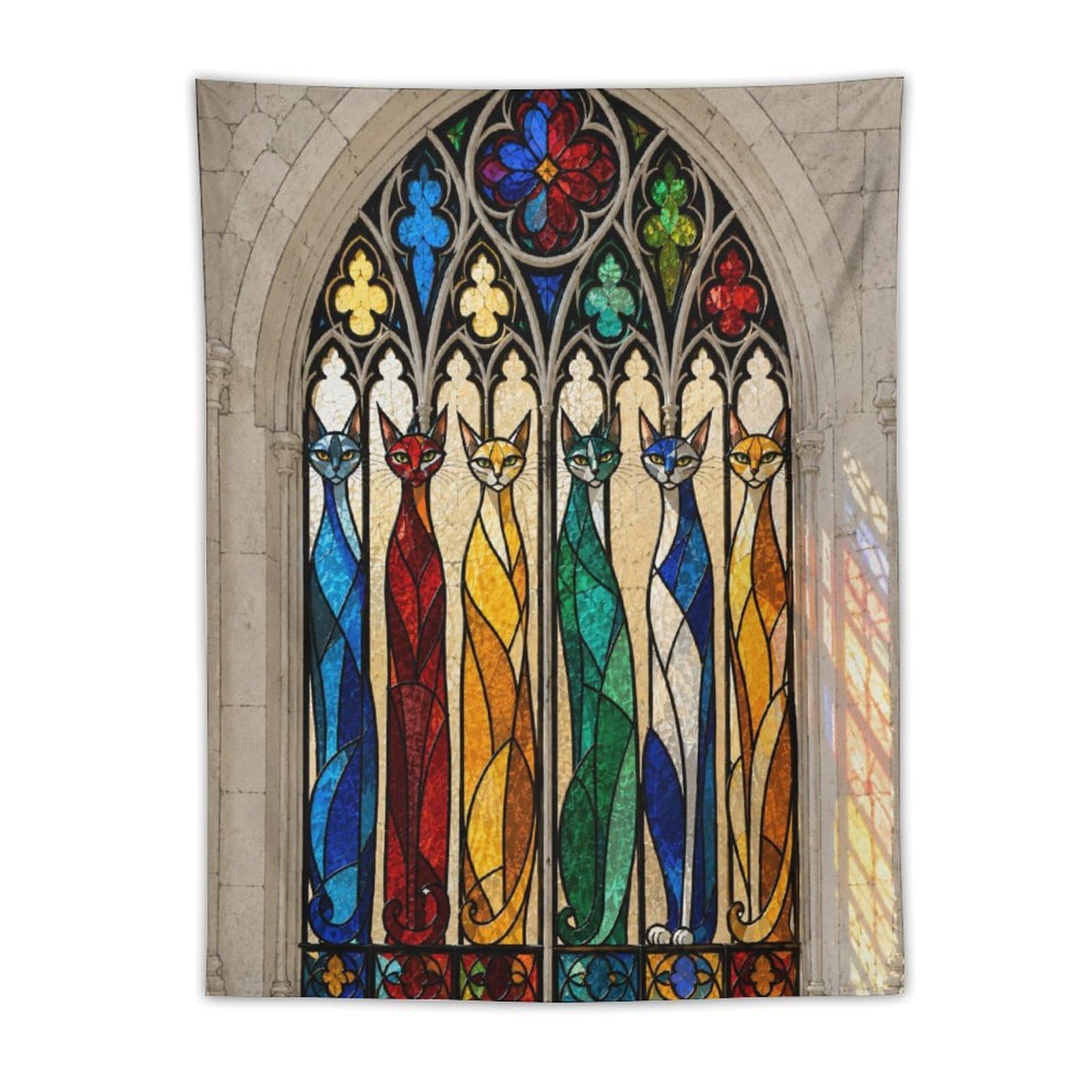 W7C8U2X3 Stained Glass Cats Wall Tapestry, Mosaic Style, Backdrop