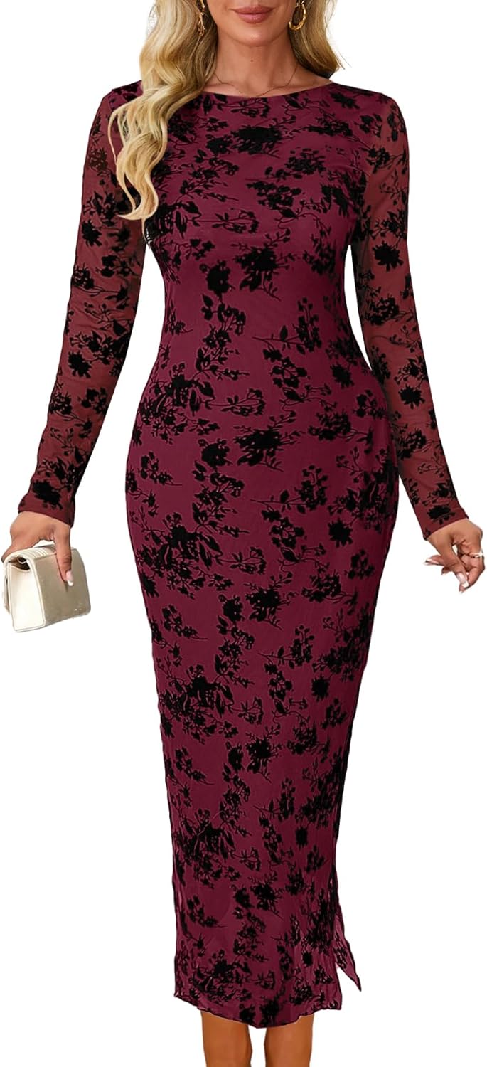MITILLY Women Floral Bodycon Midi Dress 2025 Fall Elegant Mesh Long Sleeve Split Wedding Guest Cocktail Formal Dresses