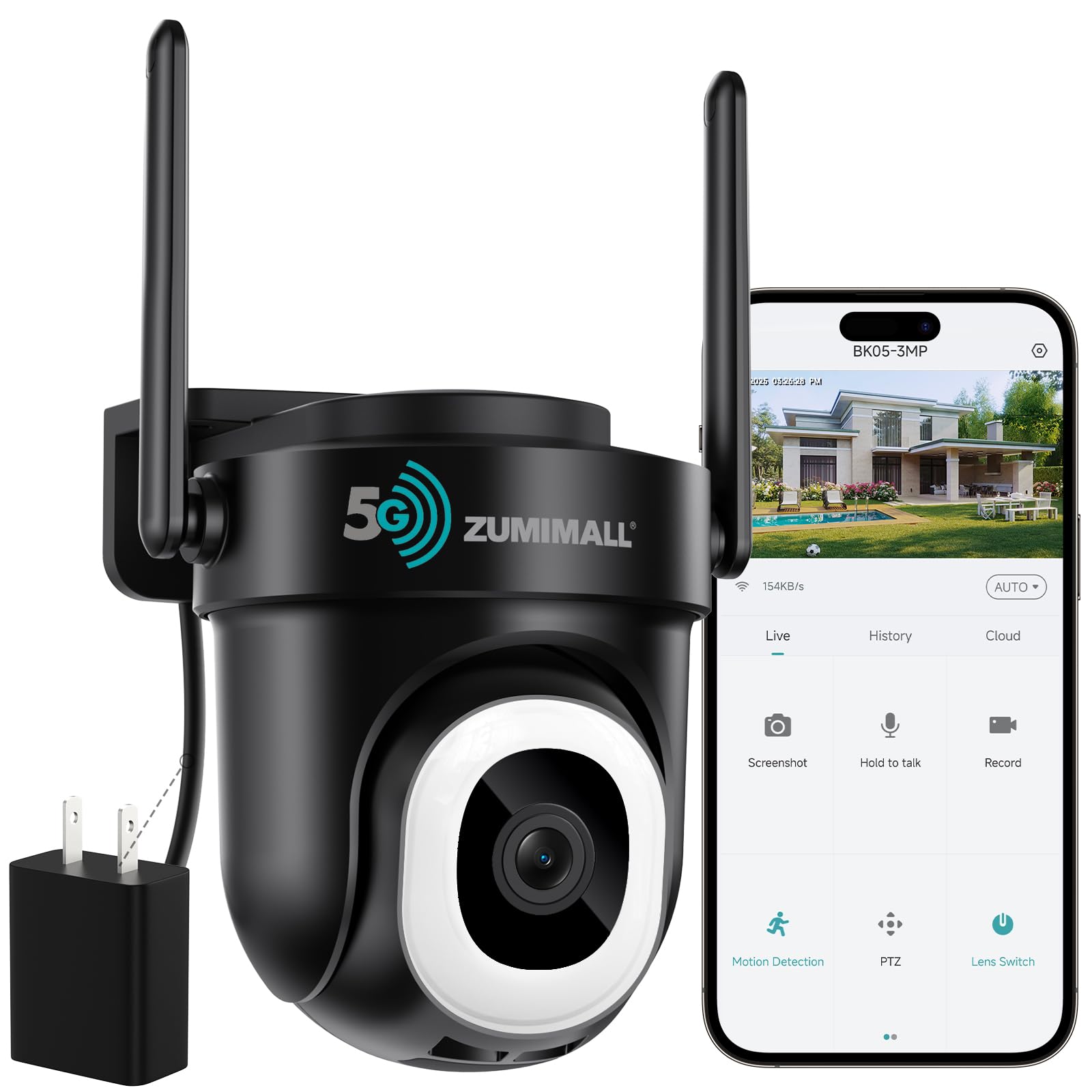 ZUMIMALL 2K WiFi Outdoor Security Camera, Plug-in, 360° PTZ Auto Tracking