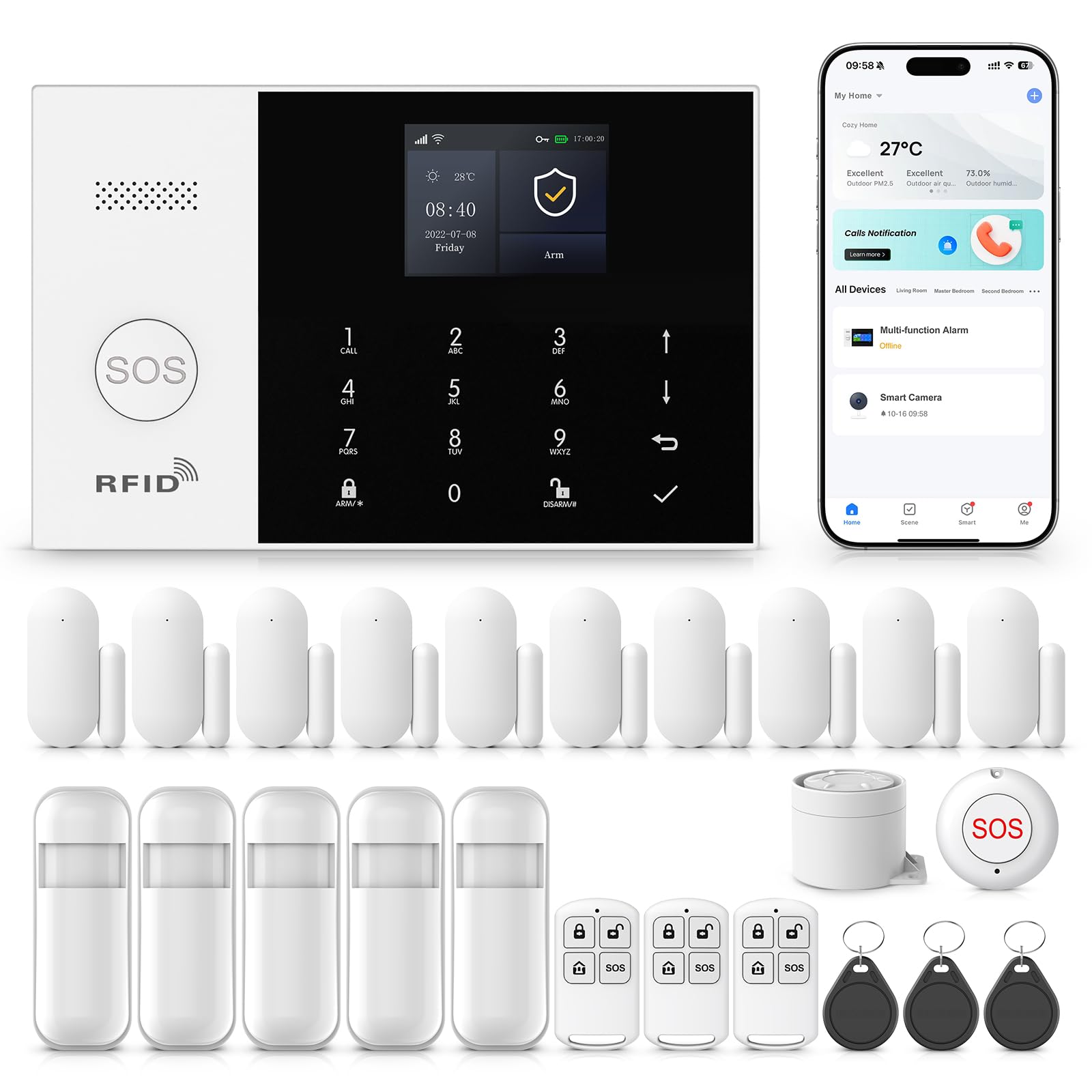Kit de alarma de seguridad para el hogar inteligente, sistema de alarma para el hogar WiFi inalámbrico con sirena, sensor de movimiento PIR, controles remotos, sensor de ventana/puerta(kit de 24 pieza