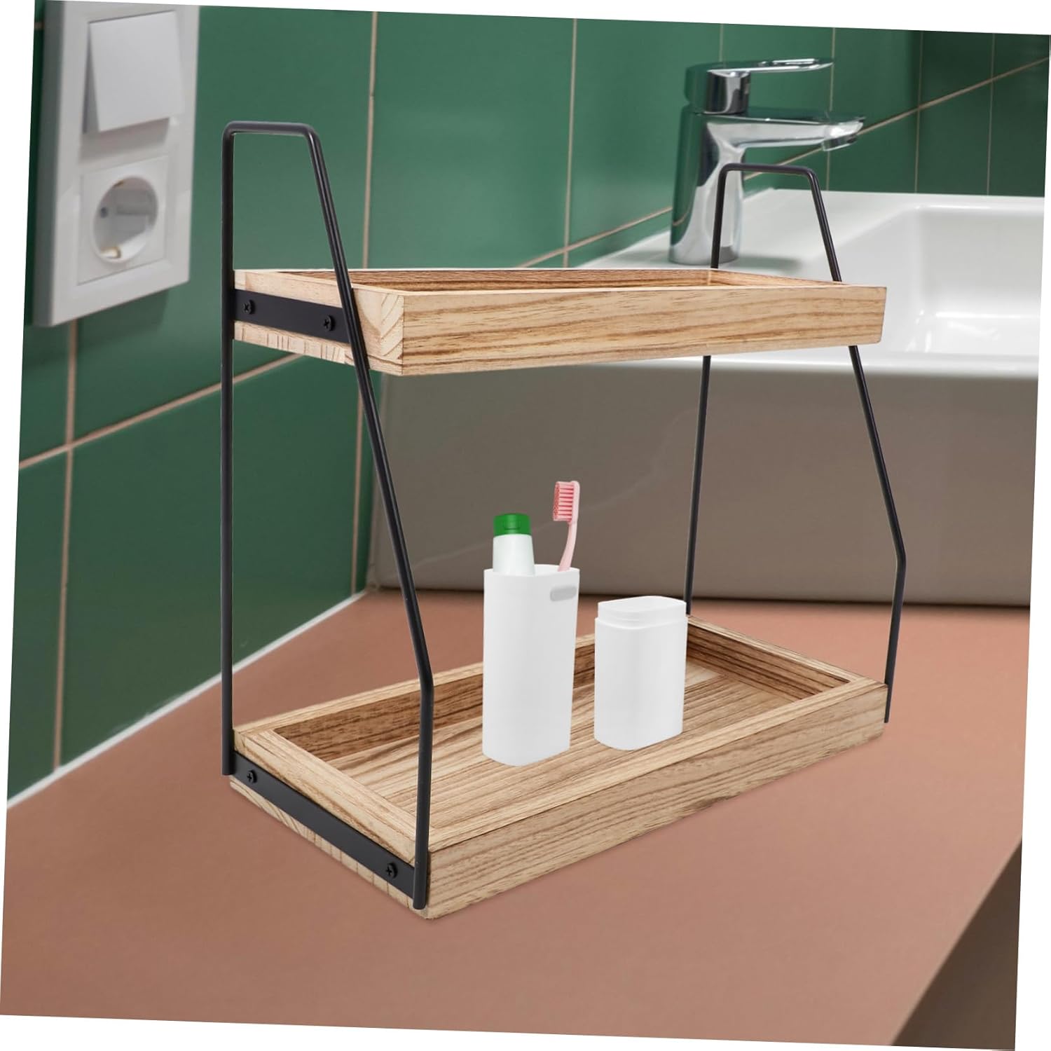 Double Wooden Storage Rack with Iron Frame Versatile Seasoning Organizer and Bathroom Cosmetics Shelf Kitchen Counter Tray for Item Storage and Easy Access