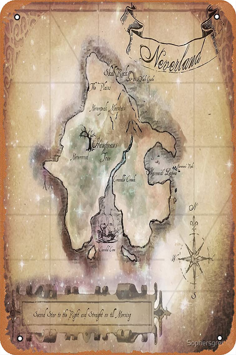 Metal Sign - Neverland Map Tin Poster, 12 X 8 Inches