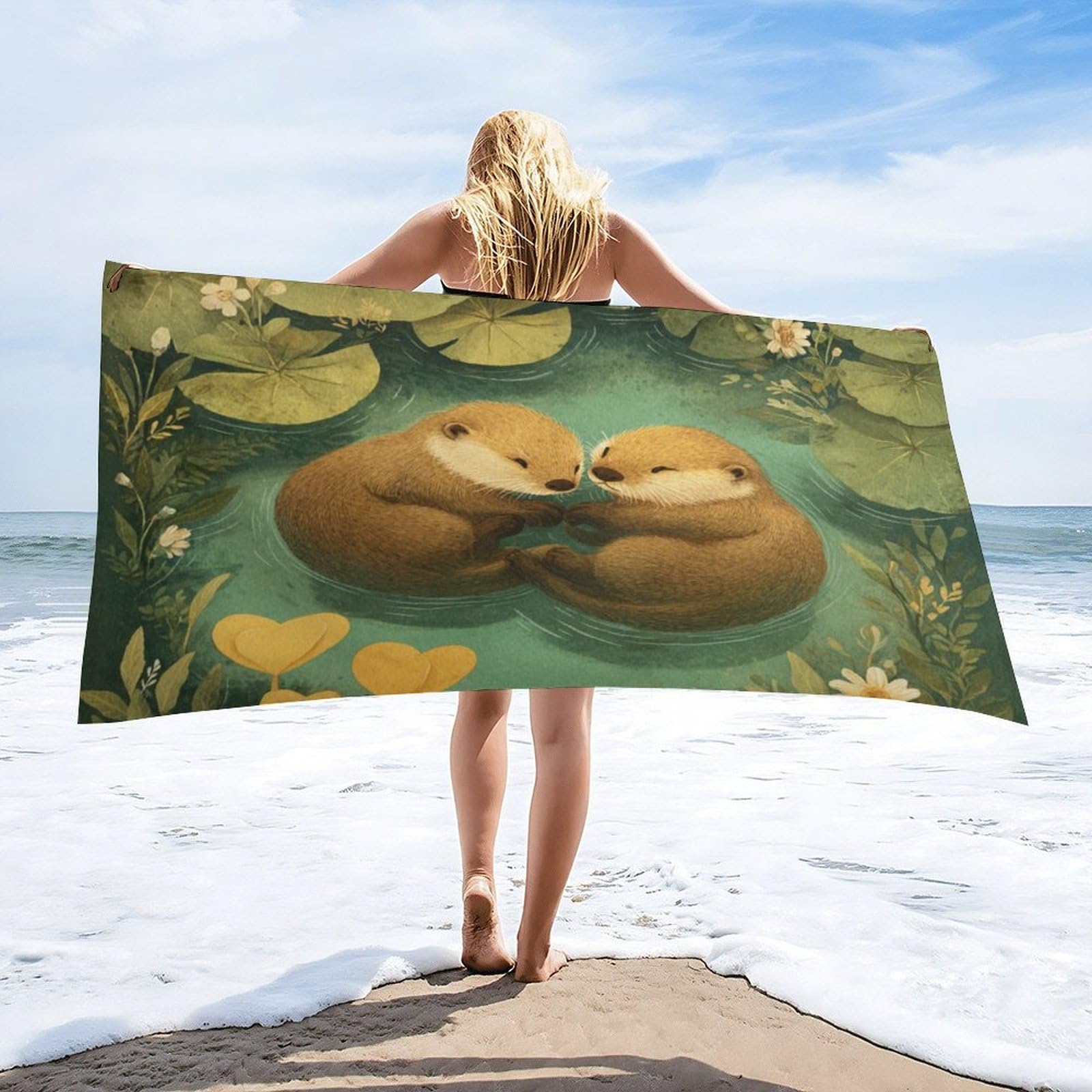 Luyysky Cute Abstract Otter Couple Absorbent Beach Towel, Anime Watercolor Animal Otter Plant Lotus Leaves Floral Outdoor Single-Sided Velvet Beach Towel-80 W Cm X 160" L Cm