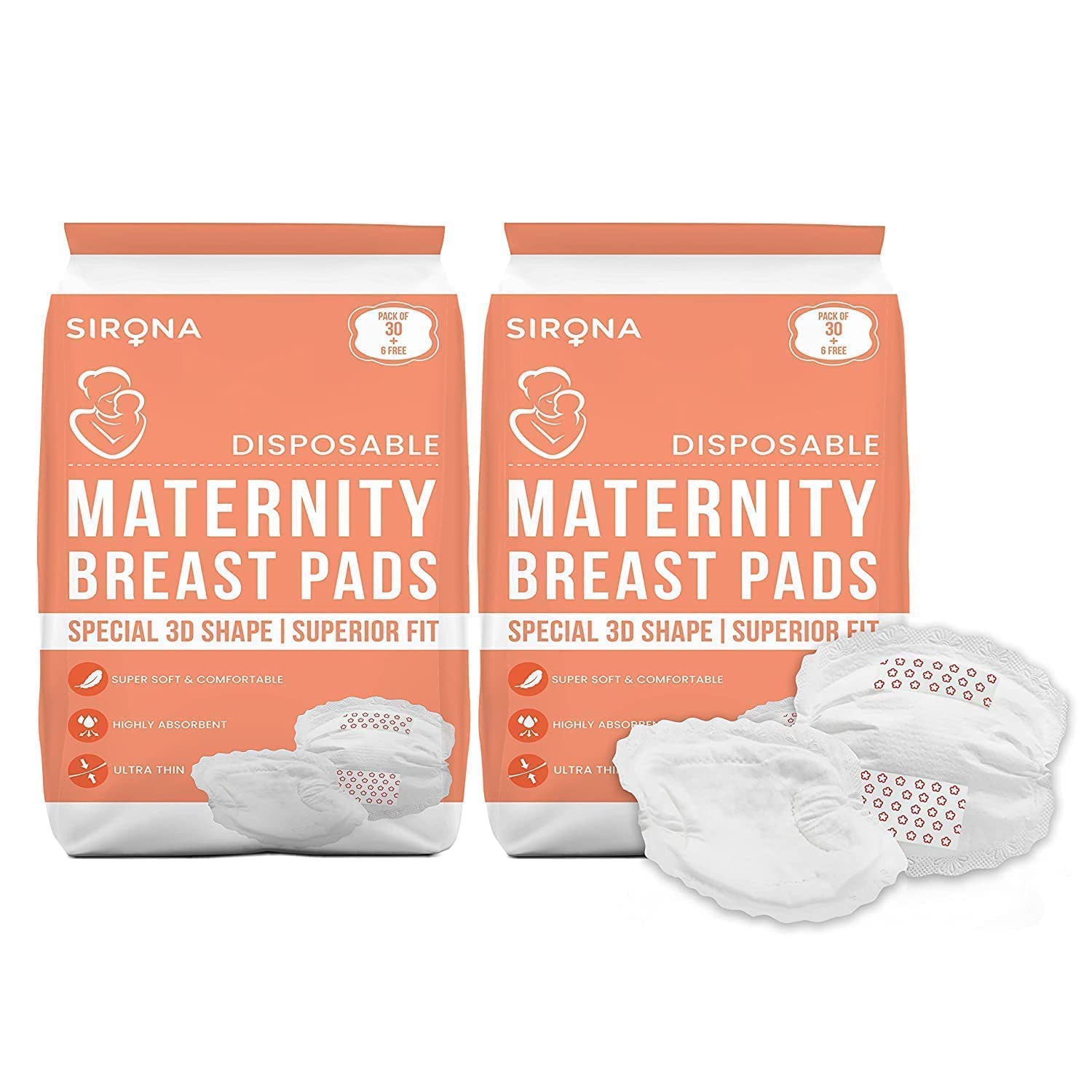 Sirona Disposable Maternity and Nursing Breast Pads for Women – 72 Units (2 Pack– 36 Pads Each)