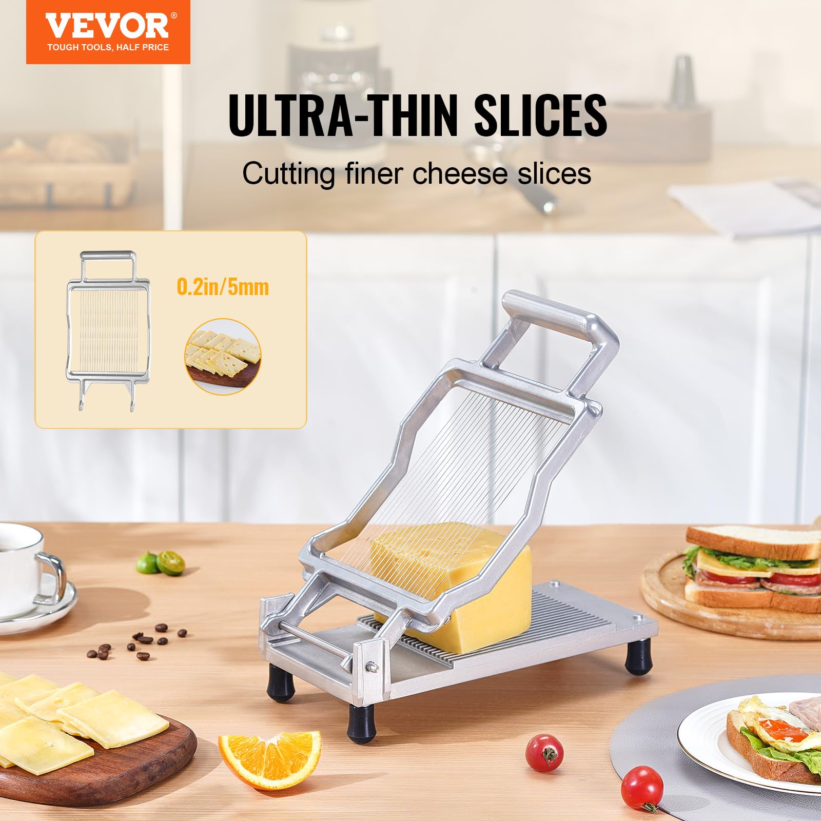 VEVOR Cortador de Queso con Alambre Desmontable, Cuchilla Ultrafina para Cortar Mantequilla y Queso de 5 mm, Aleación de Aluminio con Alambre de Acero Inoxidable 316, para Cocina, 317 x 169 x 90 mm