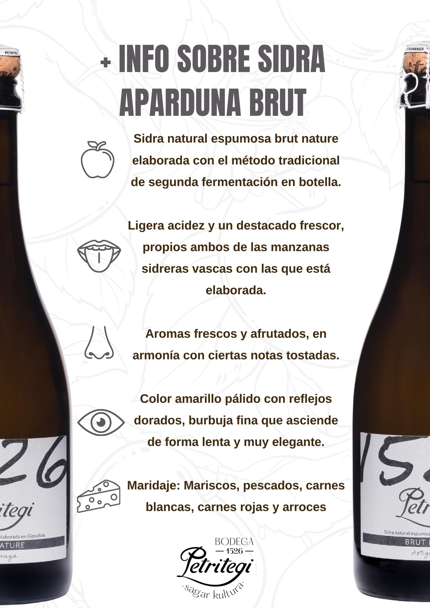 Sidra Natural Espumosa Petritegi Aparduna Brut Nature – Elaborada con Manzanas Autóctonas del País Vasco según el Método Tradicional de Segunda Fermentación en Botella 7% vol. (Pack 3)