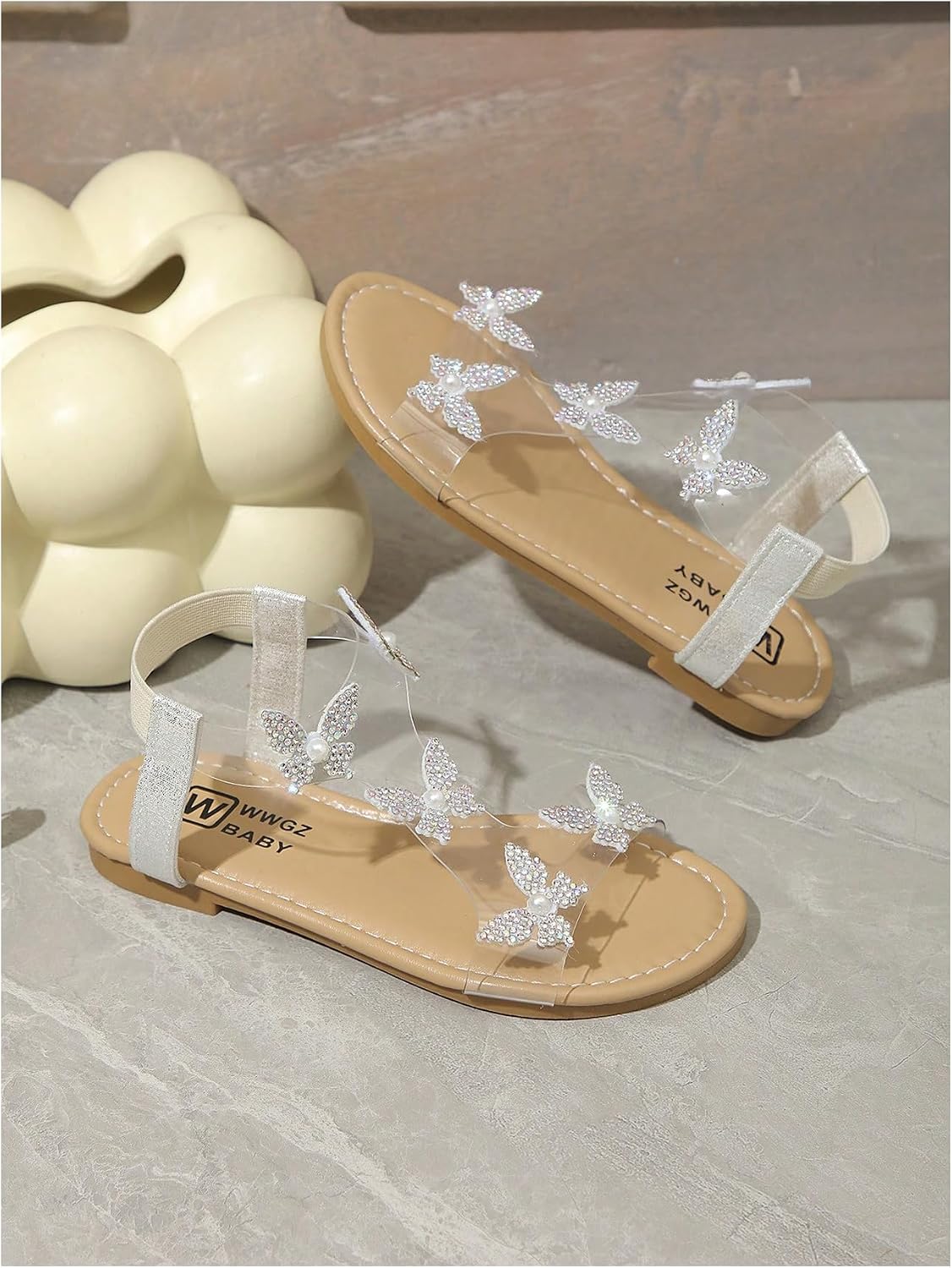 GORGLITTER Girl's Sandals Butterfly Clear Rhinestone Glitter Ankle Strap Flat Sandals Summer Beach Vacation Sandal