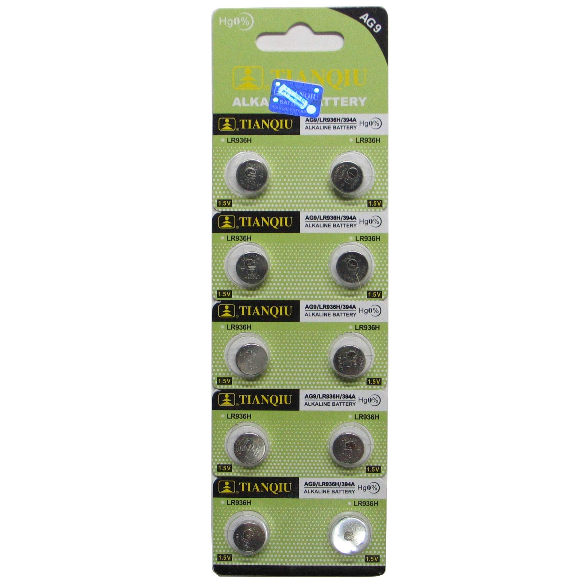 TIANQIU 10 AG9 / LR45 / 194/394 Button Cell 1.5V Battery Long Shelf Life 0% Mercury (Expire Date Marked)