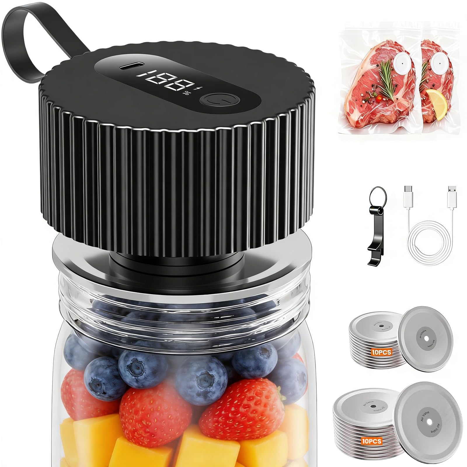 Vakuumierer für Gläser, 3-in-1 Vacuum Sealer für Einmachgläser mit Automatik-Stopp, Vakuumiergerät mit 2 Vakuumierbeuteln, 20 Deckeln und Dosenöffner, Wiederaufladbar, Schwarz