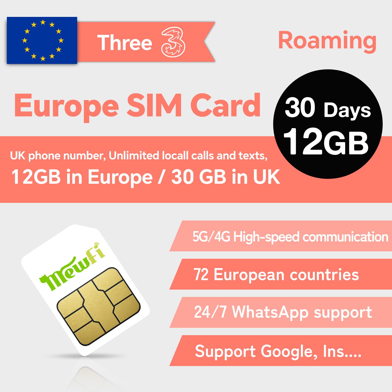 Prepaid Europe Sim Card 30 Days, EU 12GB / UK 30GB, Activation Required & 24/7 Whatsapp Support, Unlimited Local Calls and SMS, UK Three SIM Card Applicable to 72 Countries