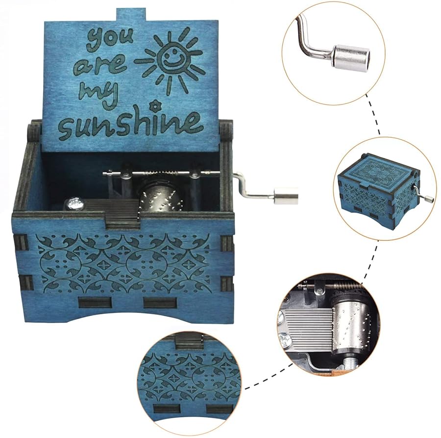 UNIQLED You are My Sunshine Wooden Music Boxes Laser Engraved Hand Crank Classical Wood Sunshine Musical Box Gifts for Birthday Christmas Valentine's Day (Blue Sunshine) - image 7