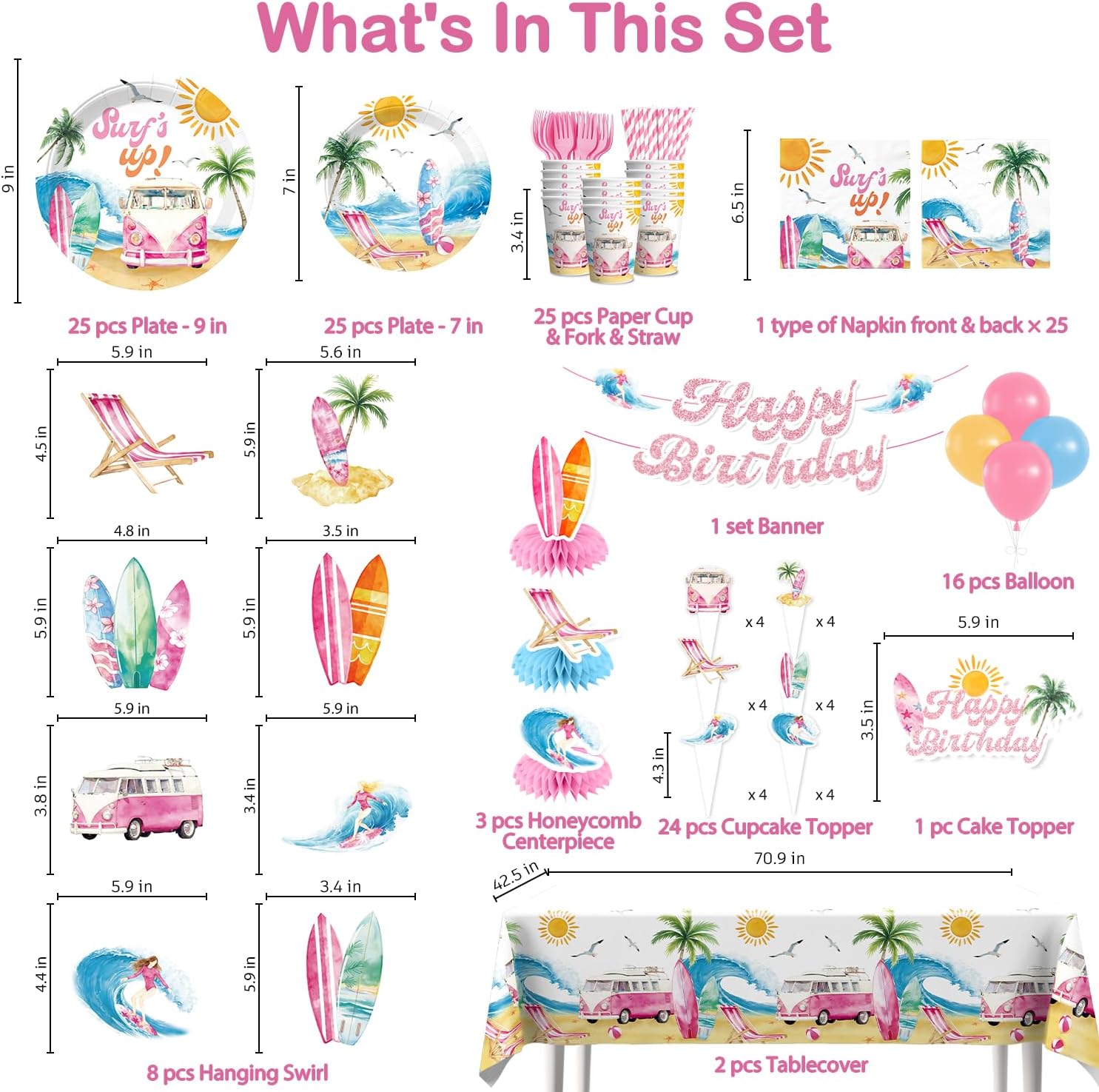 Xynic 205pcs Surf Birthday Party Decorations Complete Tableware Set, for 25 Guests, Beach Birthday Party Decorations, with Banner, Balloons, Cake Cupcake Toppers, Plates, Cups, Napkins, Tablecloth