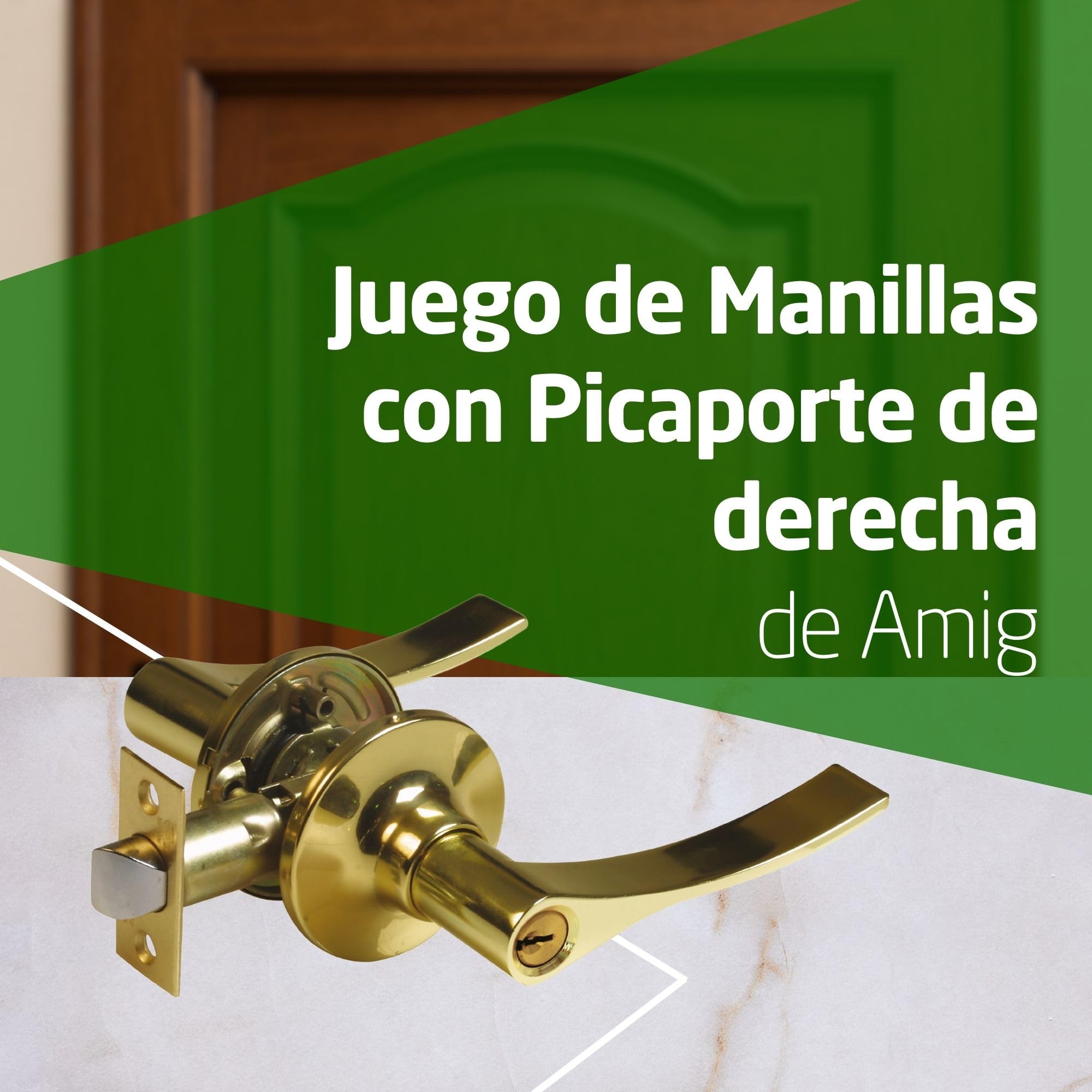 Amig - Juego de Manillas con Picaporte de Derecha - Roseta de Ø65 mm - Picaporte de Entrada 60/70 mm - Dorado - Zamak - Puertas de madera de 35 a 45 mm - Incluye 3 llaves - Mod. 710