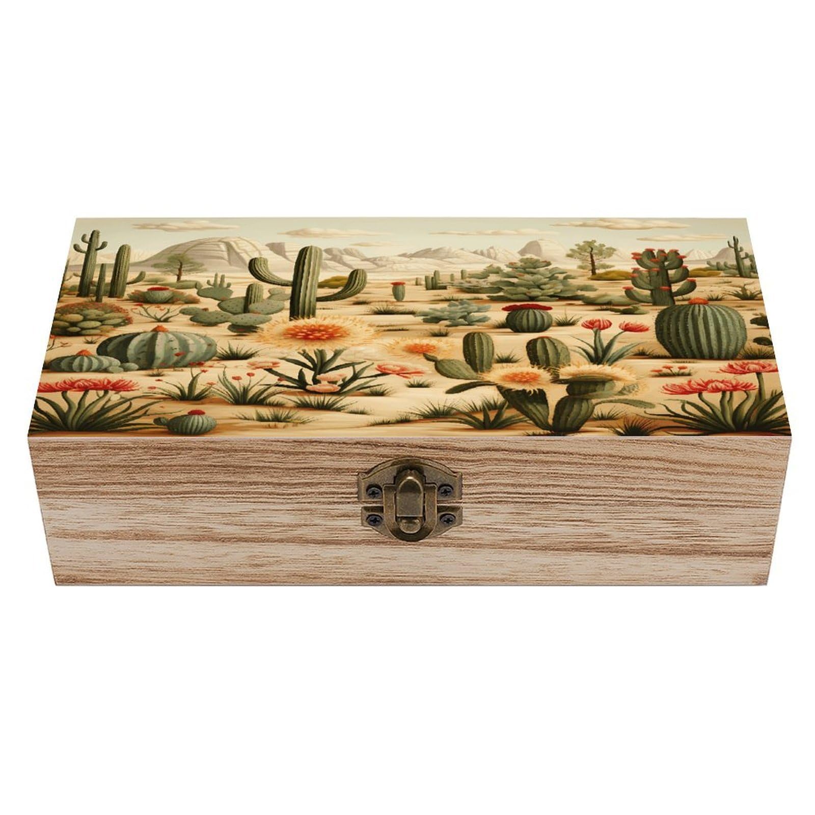 FekiLoot Natural Wooden Keepsake Box with Hinged Lid, 8x4 Inch Cactus And Other Patterns Memory Box, Wood Jewelry Organizer & Trinket Holder, Gift for Men Women Anniversary Wedding