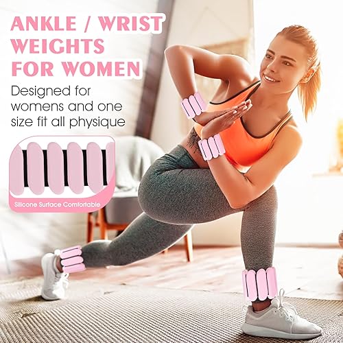 Miniatura 5 de Pesas de muñeca, muñecas y tobillos para mujeres y hombres (1 libra cada uno), brazaletes ajustables de silicona de 2 libras, se adapta a yoga,