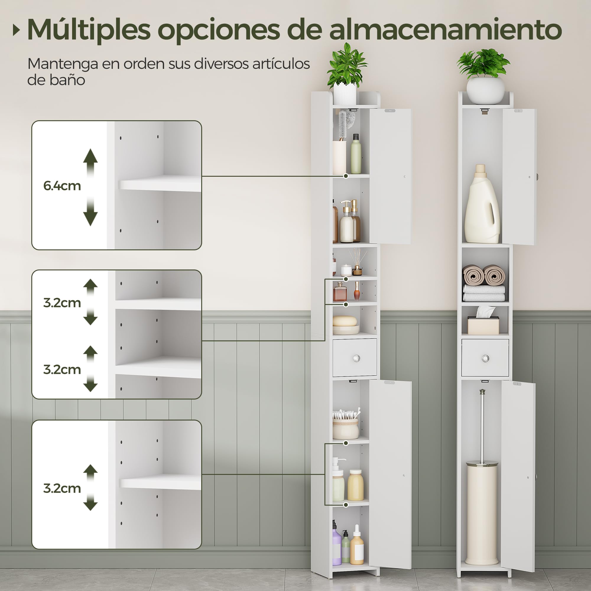 BEWISHOME Armario Alto de Baño,Mueble de baño Alto y Estrecho, Mueble Auxiliar baño,con Estantes Ajustables, Compartimentos Abiertos, para Espacios Pequeños, Moderno, Blanco EYYG07W