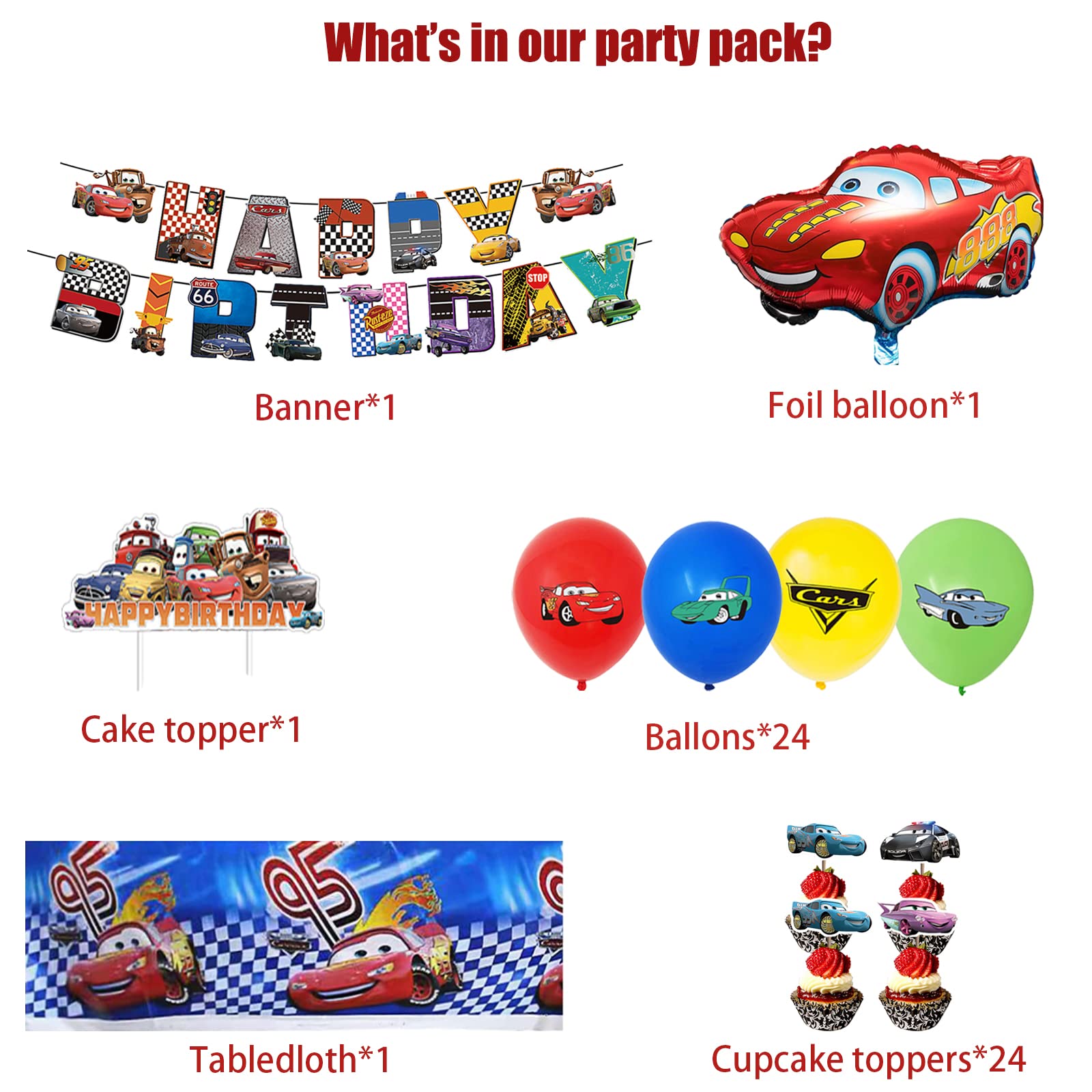 Racing birthday party supplies, including birthday banner foil, balloons, cupcake inserts, cake inserts, suitable for girls and boys, racing birthday parties, etc