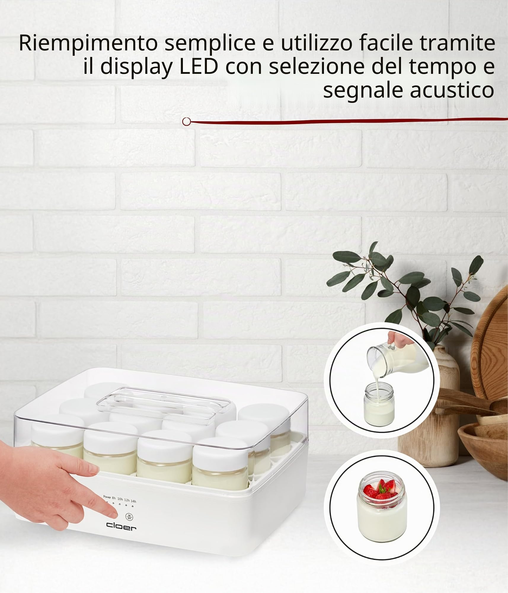 Cloer 9921 Yogurtiera per 12 vasetti, ciascuno da 150 ml di capacità, per yogurt e colture di fermentazione, timer, 8–14 ore, corpo in plastica bianca, 17 W, coperchio trasparente