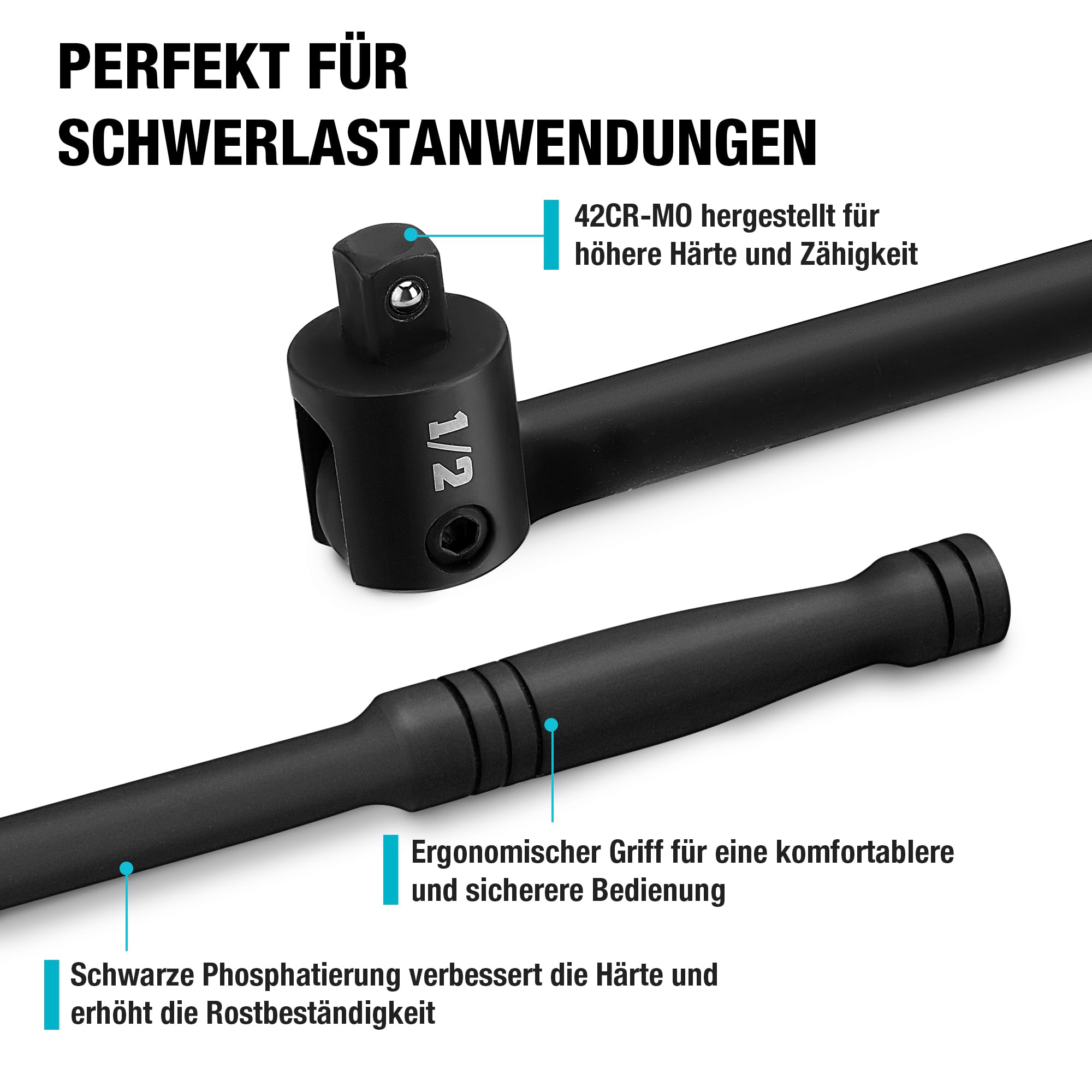 DURATECH 1/2" Gelenkgriff 600 mm, Maximales Drehmoment 780 N·m, mit Flexiblem Kopf, Federbelastete Kugelkonstruktion, für Autoreparaturen und DIY, Schwarz