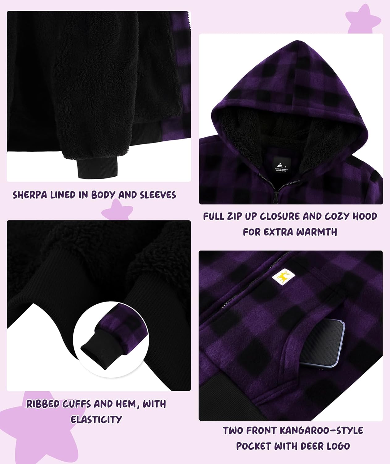 V VALANCH Boys Flannel Jacket Hooded Fleece Lined Zip-up Hoodies Plaid Coat for Kids - Image 4