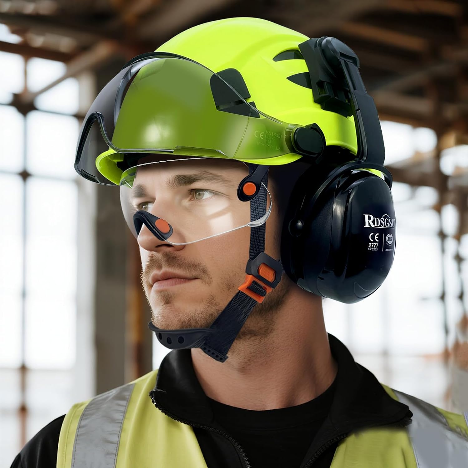 Safety Hard Hats with Visor and Ear Muffs Vented Lightweight 6 Points Suspension Construction Safety Helmet ANSI Approved