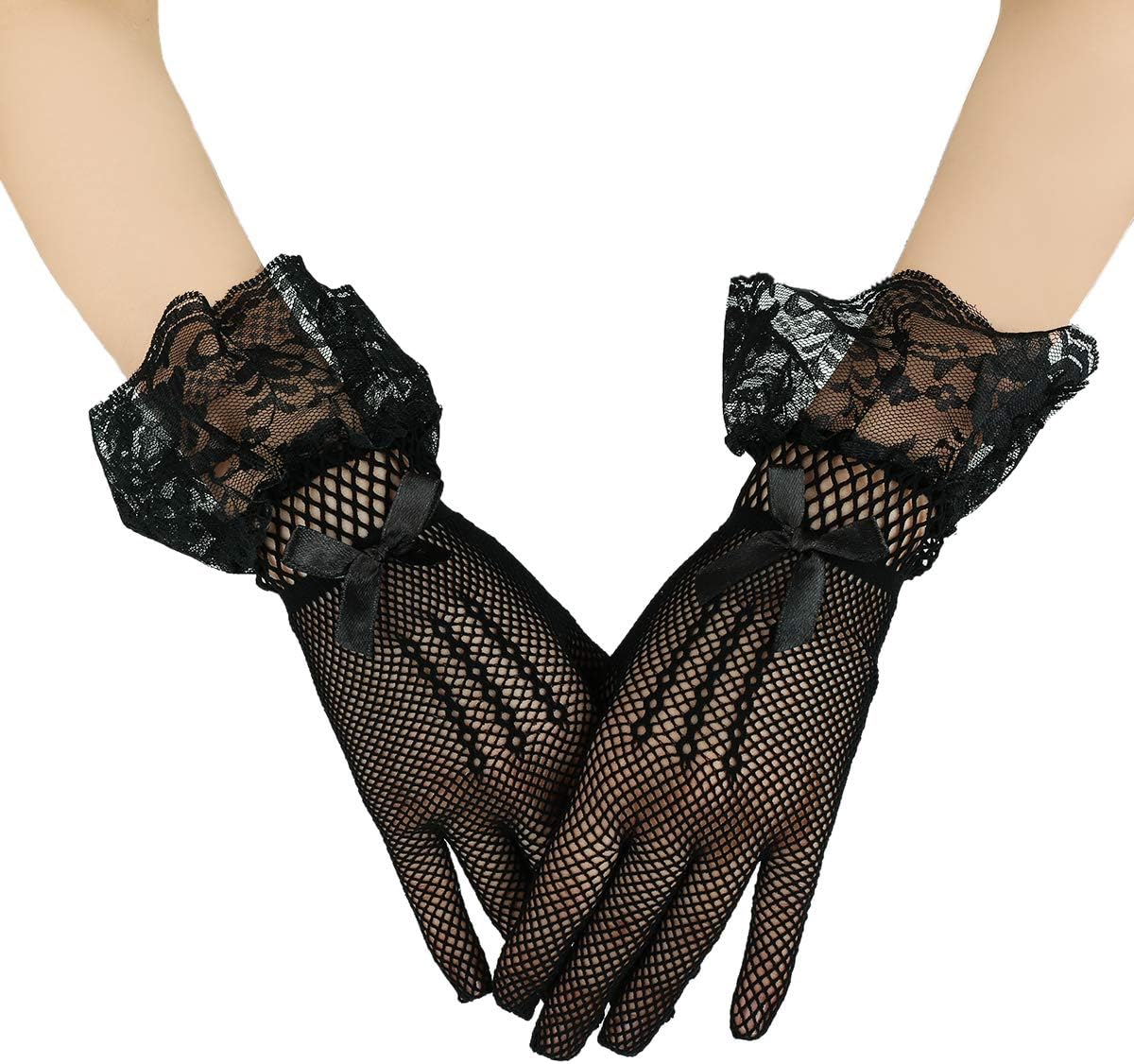 JISENWomen Party Bow Lace Elegant with Wrist Ruffle Bridal Wedding Gloves