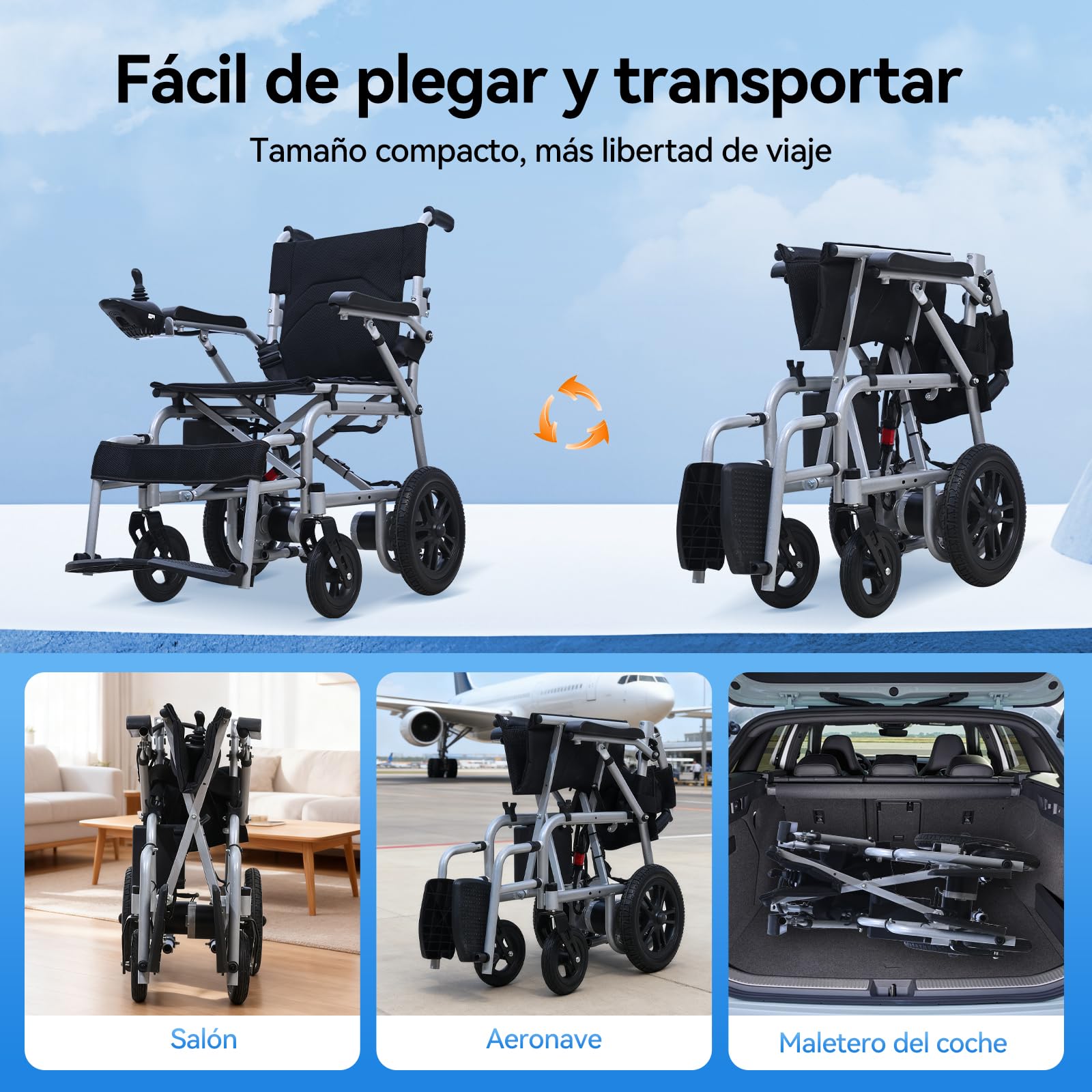 [Nuevo ] Silla de ruedas eléctrica plegable D12 para mayores, equipada con batería litio 12Ah, 20Km autonomía, neumáticos antipinchazos, estructura antivuelco, apta para transporte aéreo