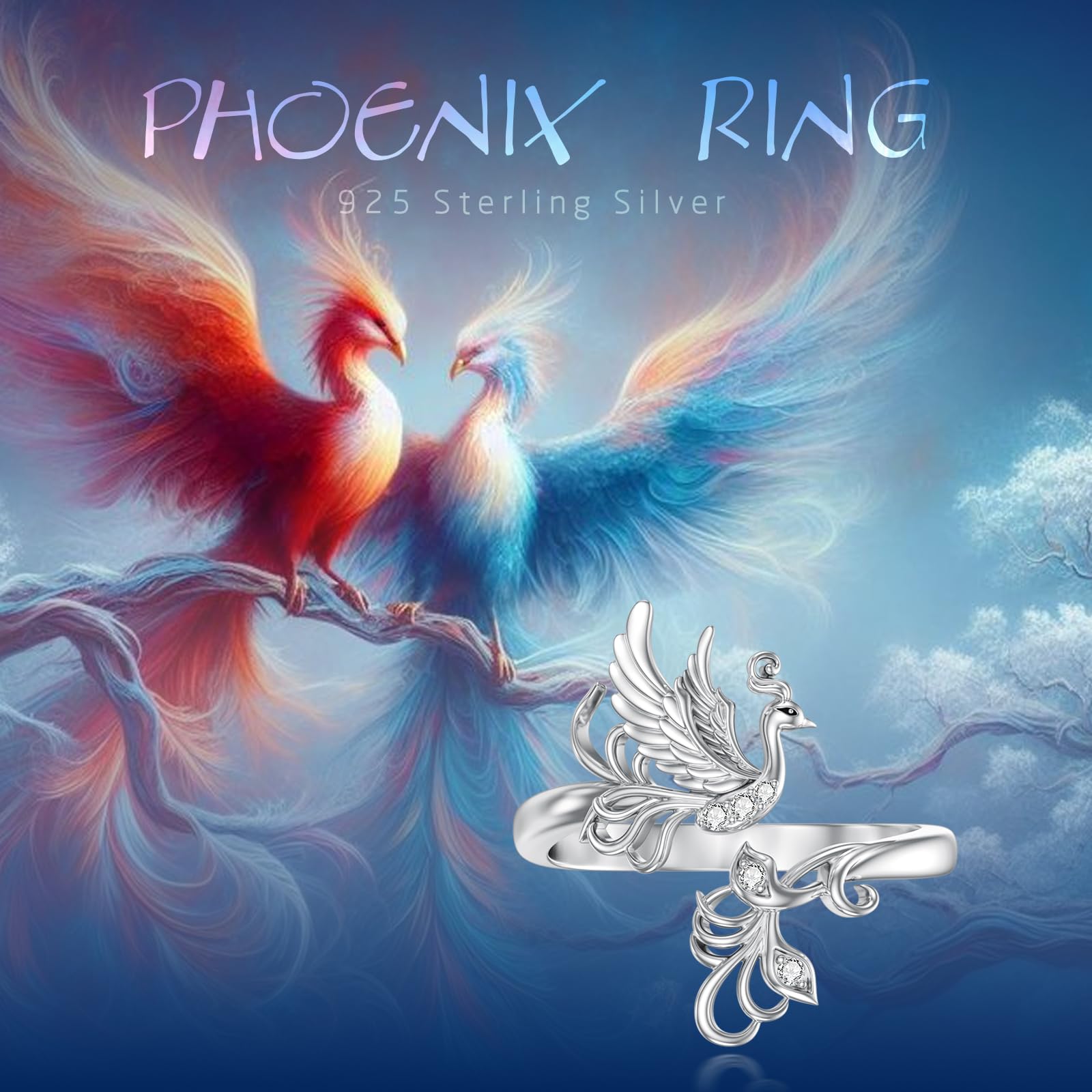 Phoenix - Anillo de plata de ley 925 con diseño de fénix, anillo de plumas y animales para mujer, 8 (verstellbar), Plata de ley, Sin piedra preciosa