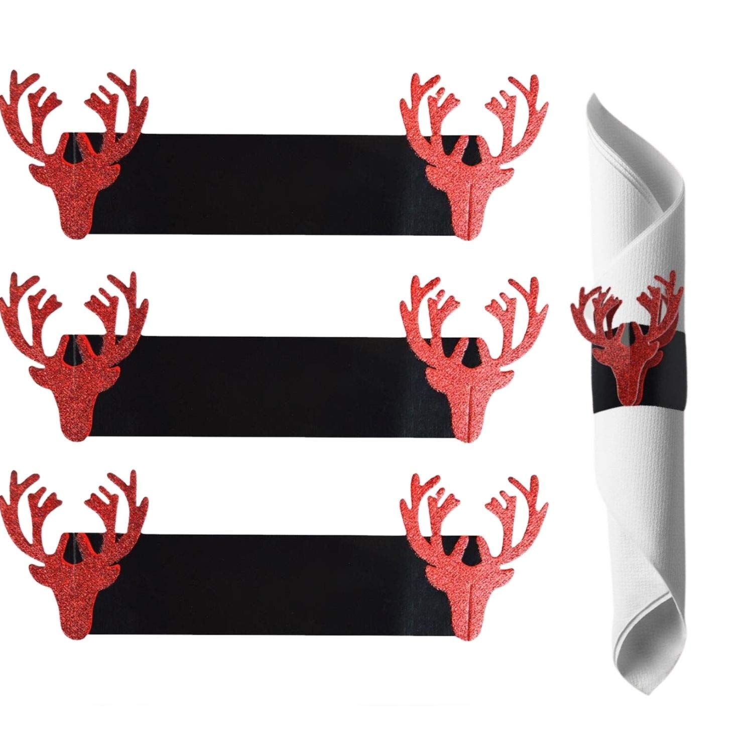 Yöl Reindeer 12 Napkin Rings Paper Christmas Xmas Table Set Festive Red Glitter