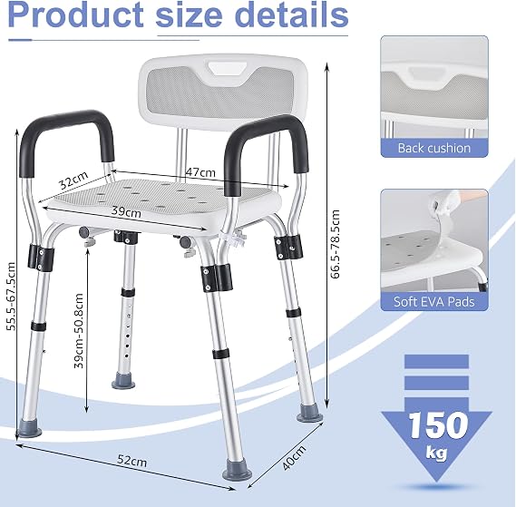 Shower Chair with Padded Arms and Back Heavy Duty 330lbs, Bath Seat 6 Height Adjustable Shower Stools for Inside Shower with Non-Slip Foot for Elderly, Disabled, Adults, Pregnant