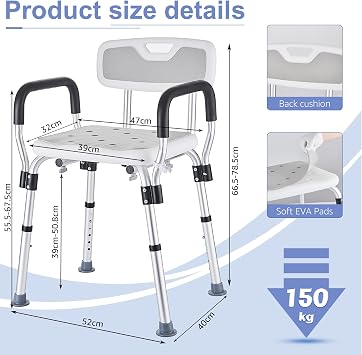 Shower Chair with Padded Arms and Back Heavy Duty 330lbs, Bath Seat 6 Height Adjustable Shower Stools for Inside Shower with Non-Slip Foot for Elderly, Disabled, Adults, Pregnant