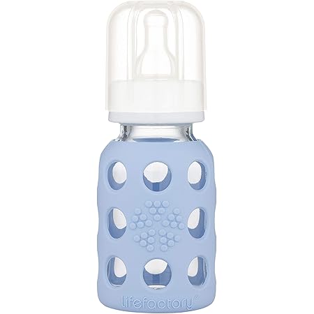 THERMOS Lifefactory Glass Baby Bottle with Stage 1 Nipple and Protective Silicone Sleeve Blanket 4 Oz
