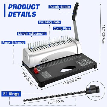 DASBET Comb Binding Machine 21-Holes 450 Sheets Comb Paper Punch Binder