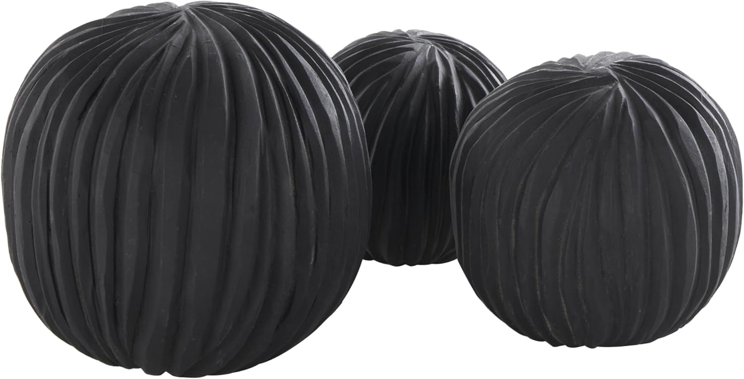 Deco 79 Teak Wood Handmade Decorative Orbs & Vase Filler Carved Decorative Balls with Wavy Ridges, Set of 3 Vase Filler 6", 5", 4" H, Black