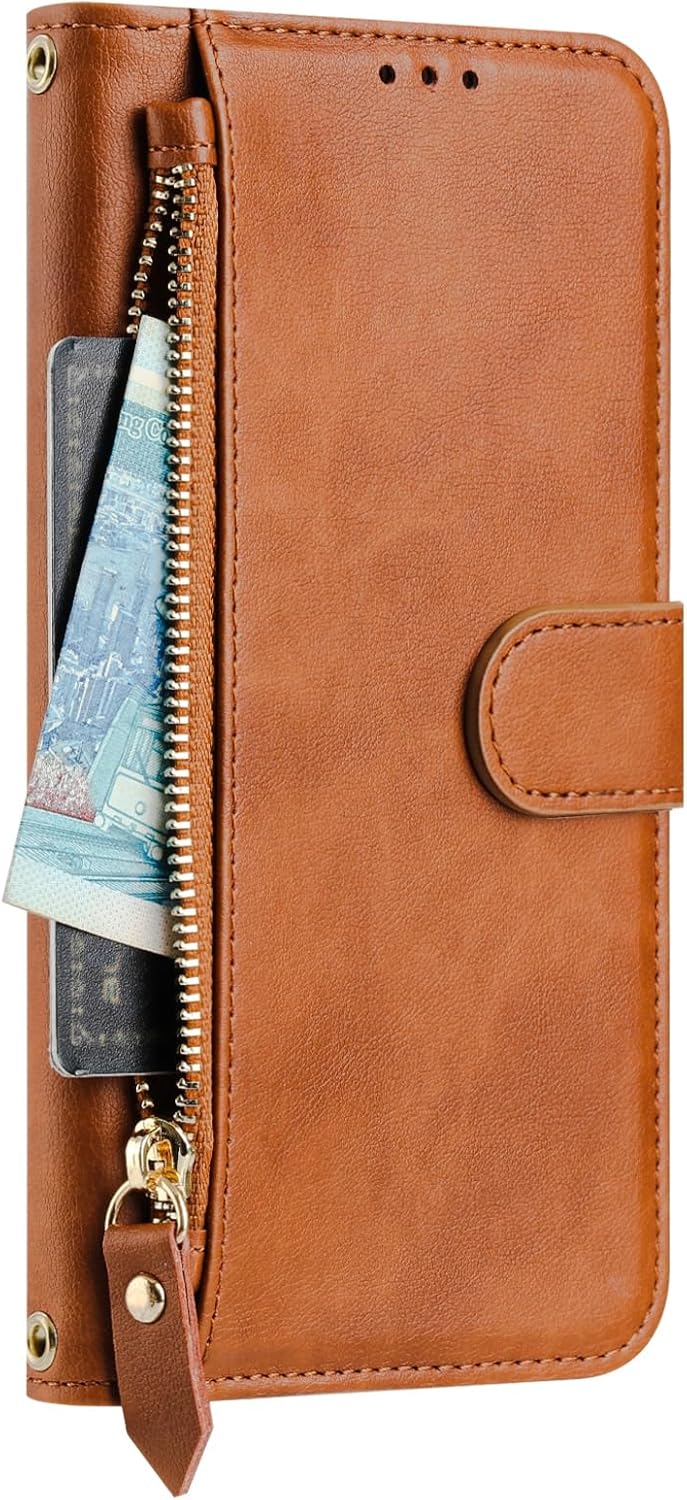 Compatible with Xiaomi Poco C75 / Poco M7 5G,Compatible with Redmi 14C (5G / 4G) / 14R / A4 Flip Kickstand PU Leather Zipper Wallet Magnetic Closure Phone Case Brown