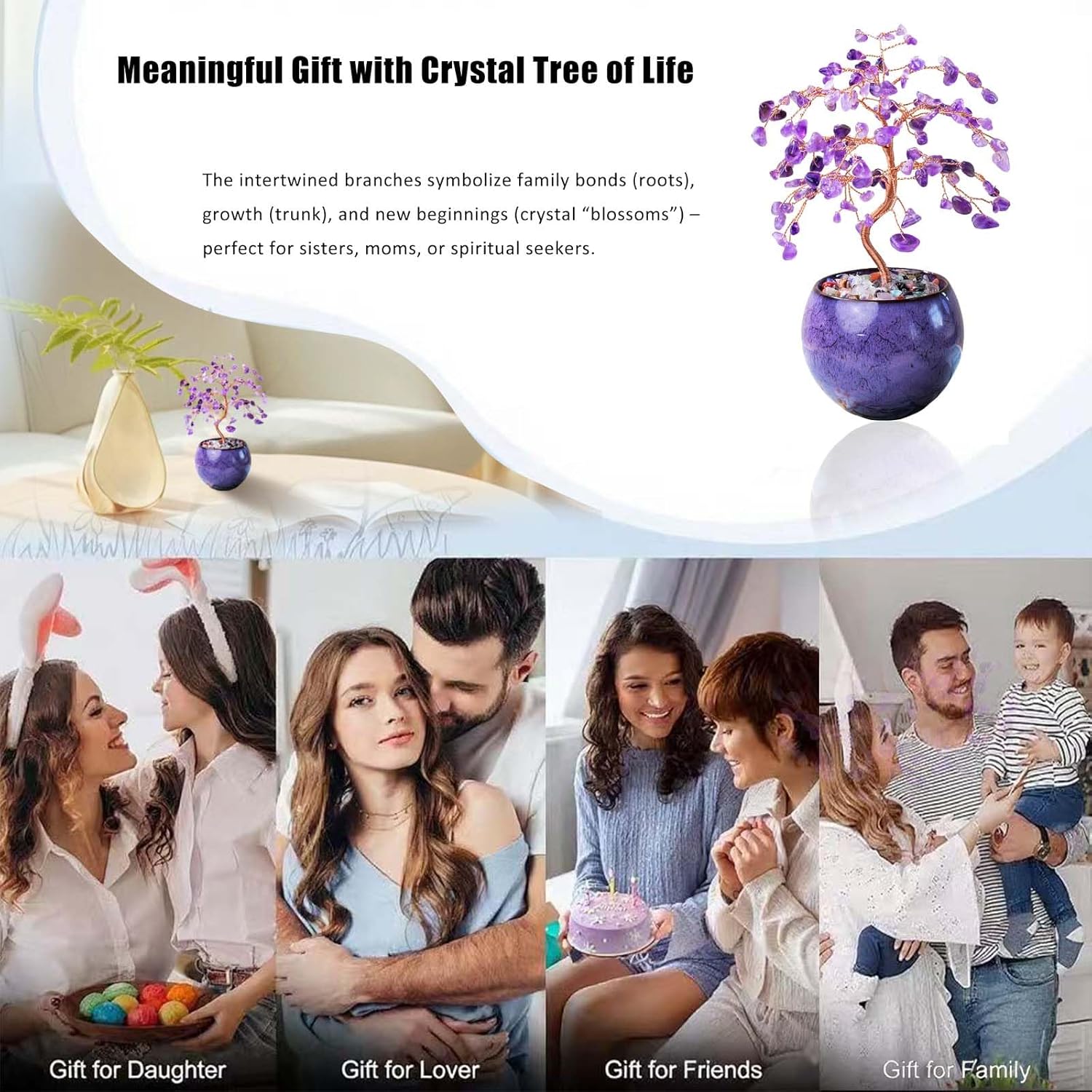 Runyangshi Amethyst Crystal Tree of Life - 8" Large Natural Chakra Healing Crystal Tree, Bringing Money, Good Luck, Positive Energy for Home Decor, Feng Shui Gifts, Office Desk Ornament