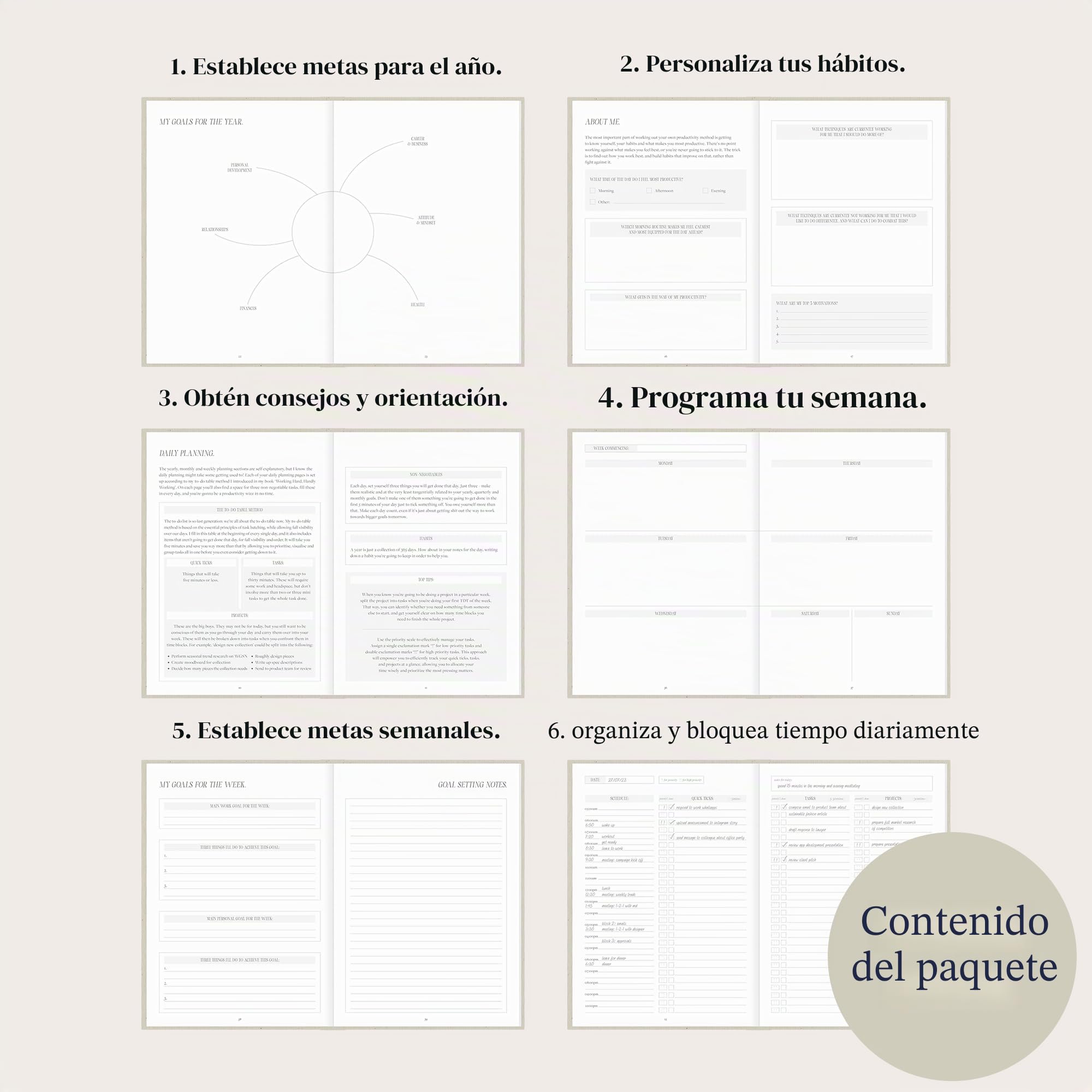 Planificador de productividad de tapa dura - Planificador diario para la organización, gestión del tiempo y productividad | Planificador A5 sin fecha que utiliza el método viral de Grace Beverley |
