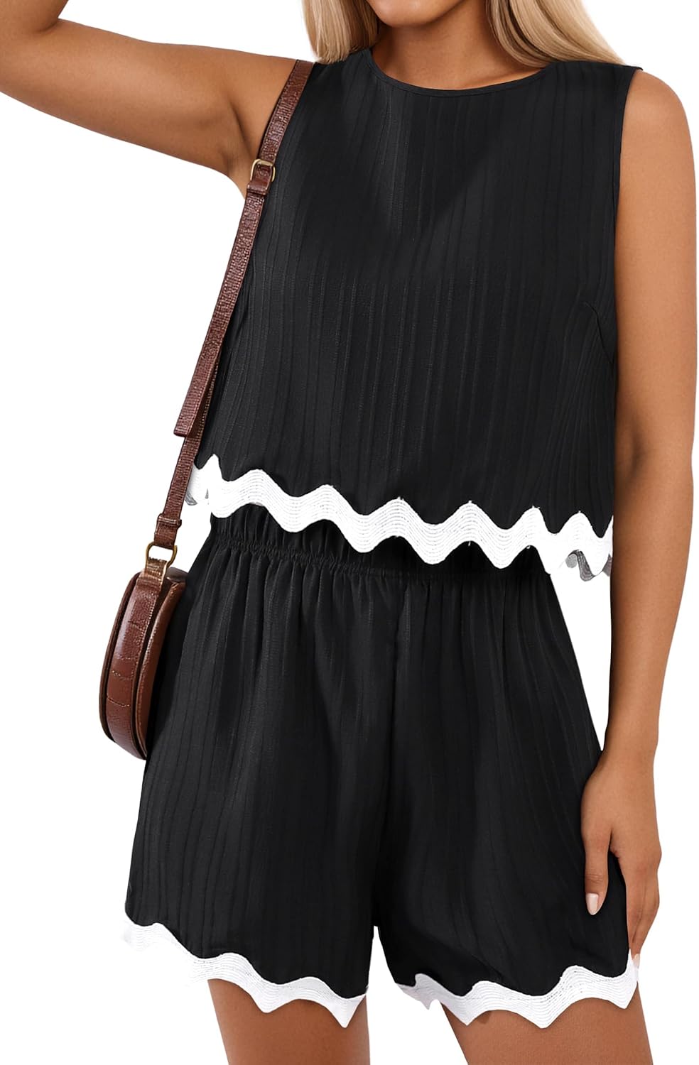 Remidoo Women 2 Piece Outfit Short Set Sleeveless RIC Rac Trim Crop Tank Top and Ribbed Shorts