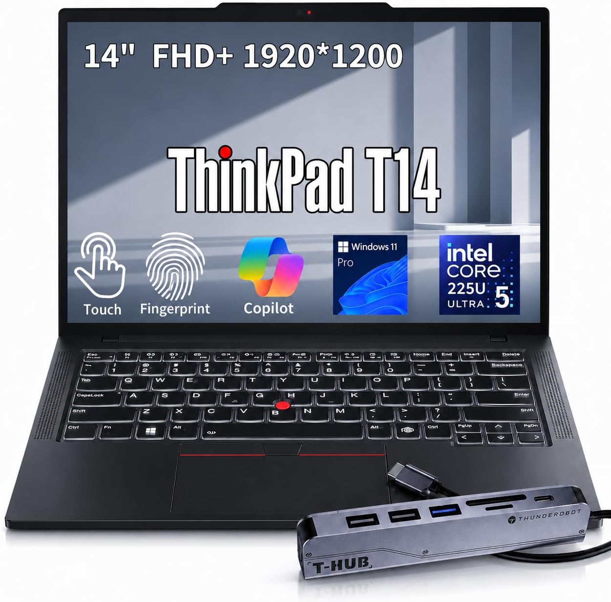 ThinkPad T14 Business AI Laptop, 14" FHD+ Touchscreen, Intel Core Ultra 5 225U, 16GB DDR5, 512GB SSD, Fingerprint, Backlit Keyboard, 5MP Webcam, Wi-Fi 6E, HDMI, Windows 11 Pro, w/Hub Bundle