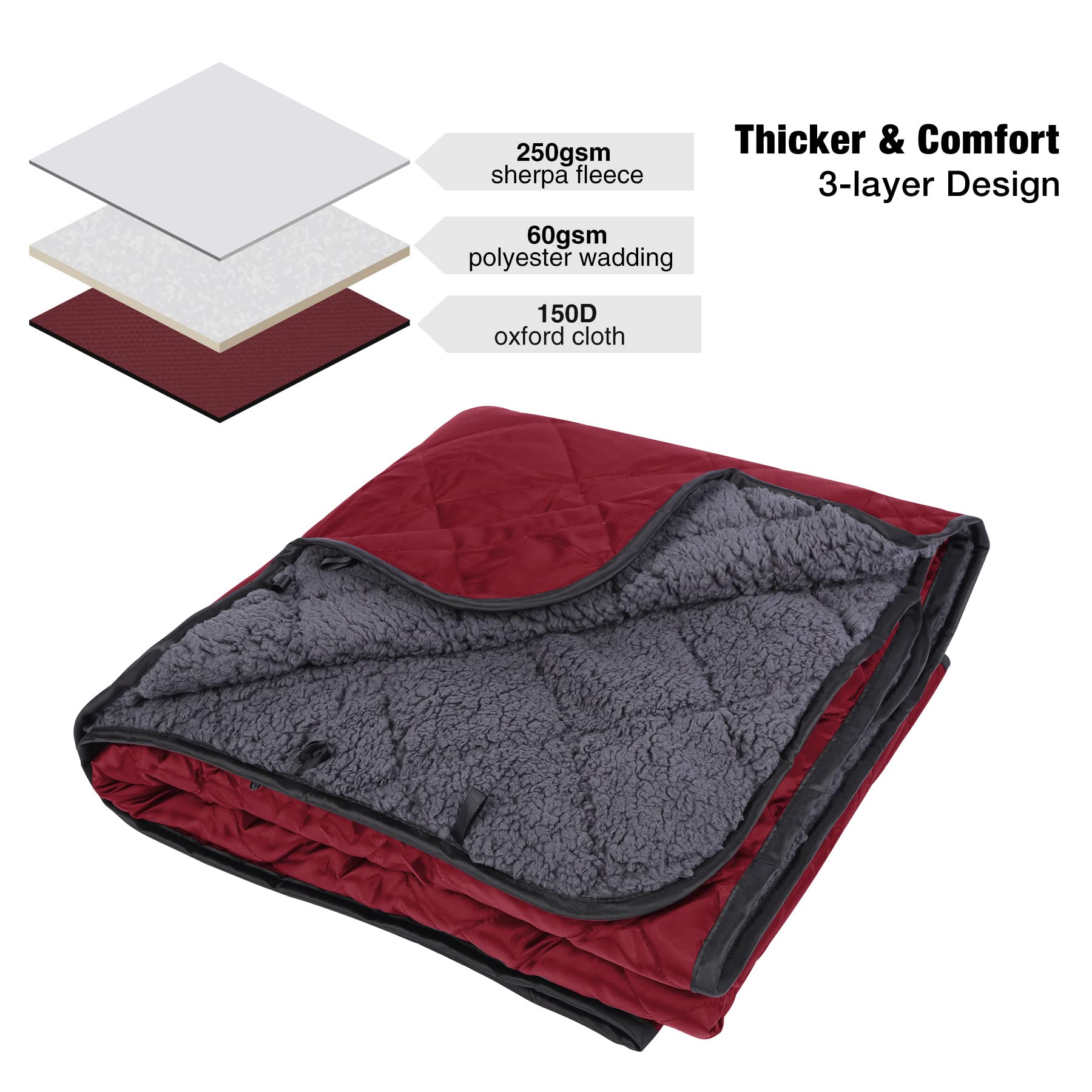 REDCAMP Couverture Chaude Imperméable Sherpa 200x150 Cm – Vin Rouge, Coupe-Vent, Idéale Camping, Pique-Nique, Stade & Voyage