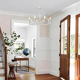 White Wagon Wheel Chandelier, 8-Light Farmhouse Chandeliers for Dining Room, Modern Rustic Round Wagon Wheel Light Fixture for Kitchen Entryway Foyer Hallway
